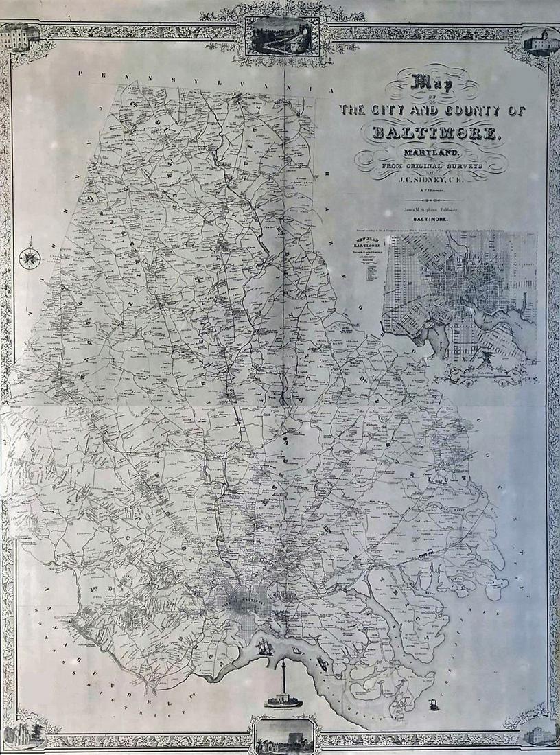 MAP OF THE CITY AND COUNTY OF BALTIMORE BY J.C. SIDNEY: Reprint. Framed image H-39" W-29.5" G-VG