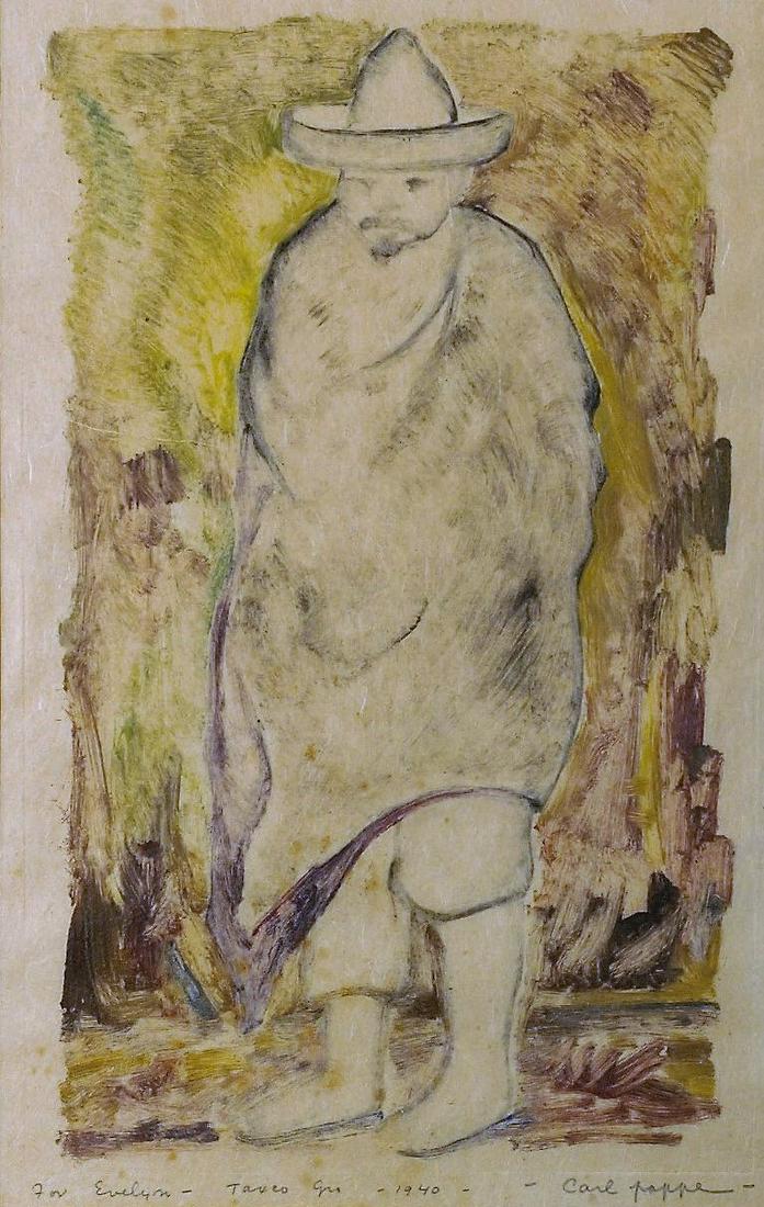 CARL PAPPE ENGRAVING: "Carl Pappe-Taxco (9M?) for Evelyn 1940" in pencil. Singed Carl Pappe. Slight toning. Framed and matted image H-19" W-12" G-VG