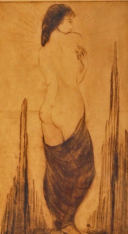 NUDE WOMAN ETCHING: Sig. illegible (1920). Toned. Framed and matted image H- 14" W-8" F-G