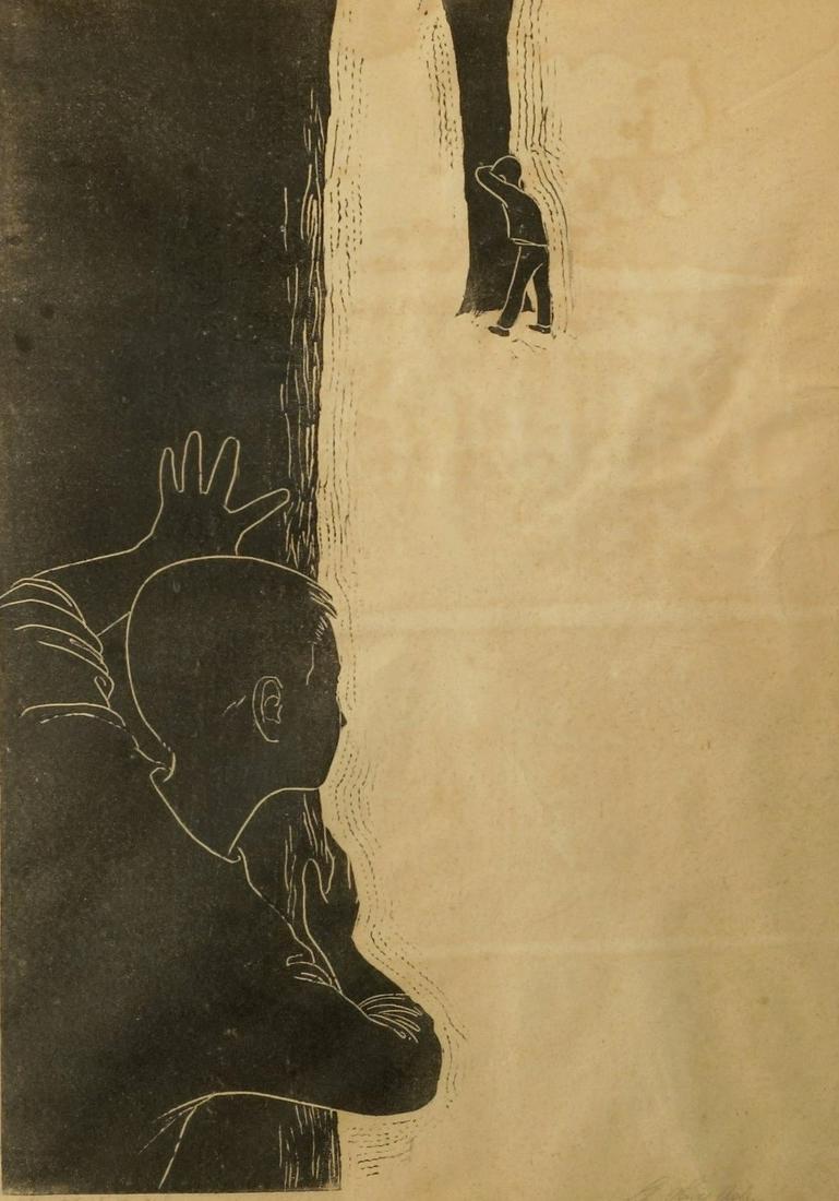 LILA OLIVER ASHER WOODCUT "HIDE AND SEEK II": Linoleum block print. Ltd ed 9/35. signed Lila Oliver Asher in pencil. Toning and light staining. Framed and matted image H-23" W-161" F-G
