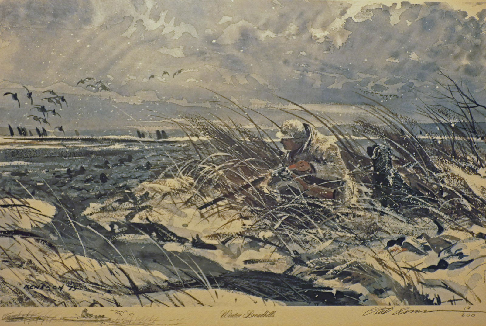 CHET RENESON DUCK HUNTING PRINT: "Broad bills" hunting scene. Hand signed, #'d 16/200 and Remarqued. Framed and matted H-18" W-26.5" VG-EX