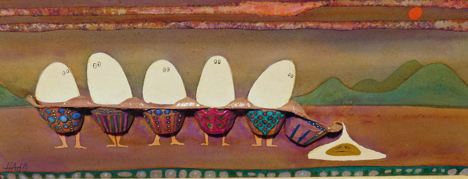 HUMOROUS EGG COLLAGE/PAINTING: Cracked egg. Signed Hado lower left. Mixed media on masonite. Framed and mated H-8" W-20" VG-Ex