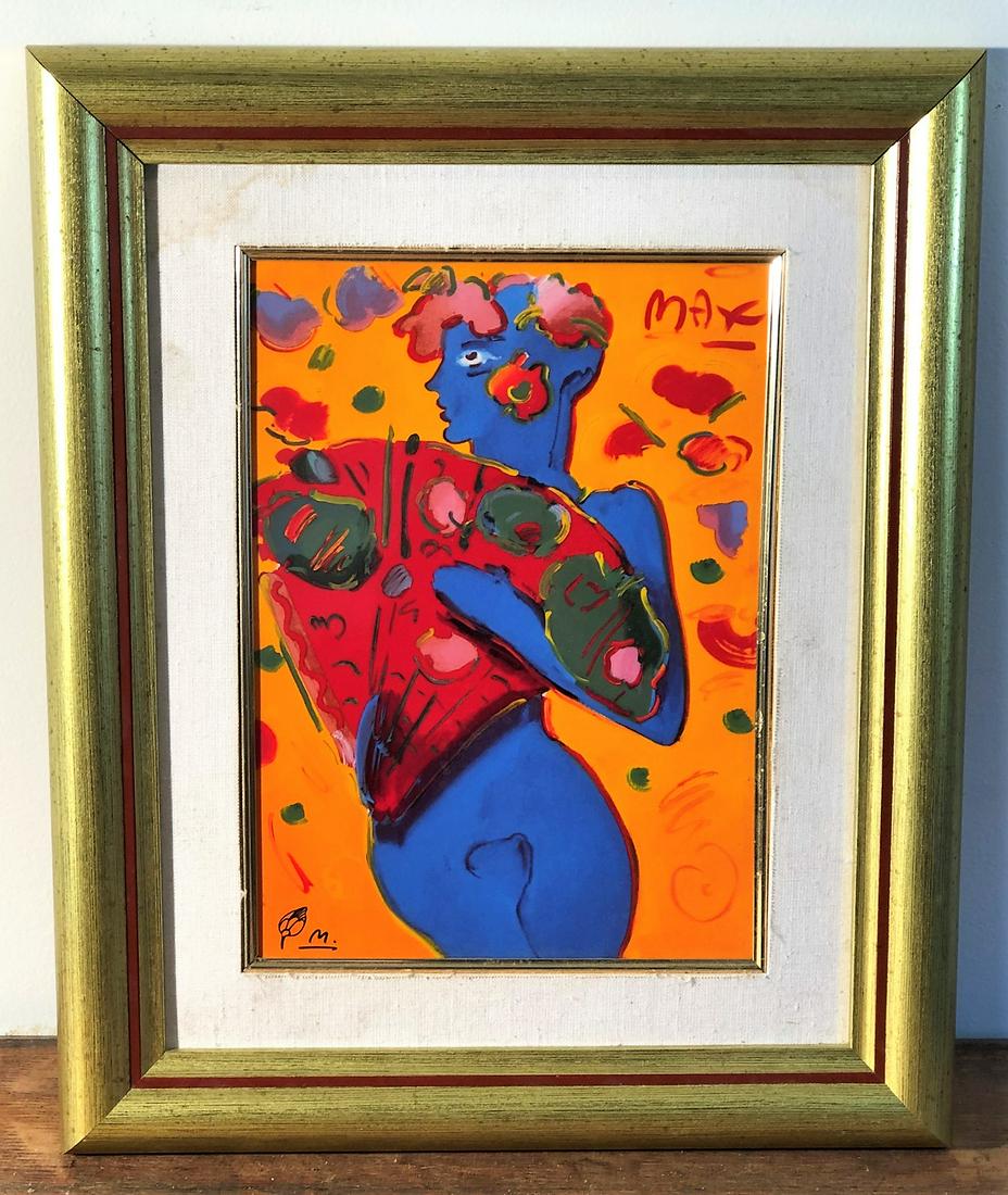 PETER MAX "FAN DANCER" PLAQUE: Porcelain fine art plaque signed Peter Max. Franklin Mint. Framed and matted image H-10.5" W-7.5" VG-EX