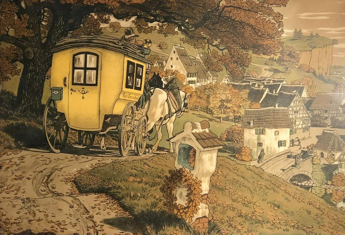 W. GEORGI LITHOGRAPH: Georgi Postkutschel(?). Coach approaching town. Framed image H-25.5" W-38" G-VG
