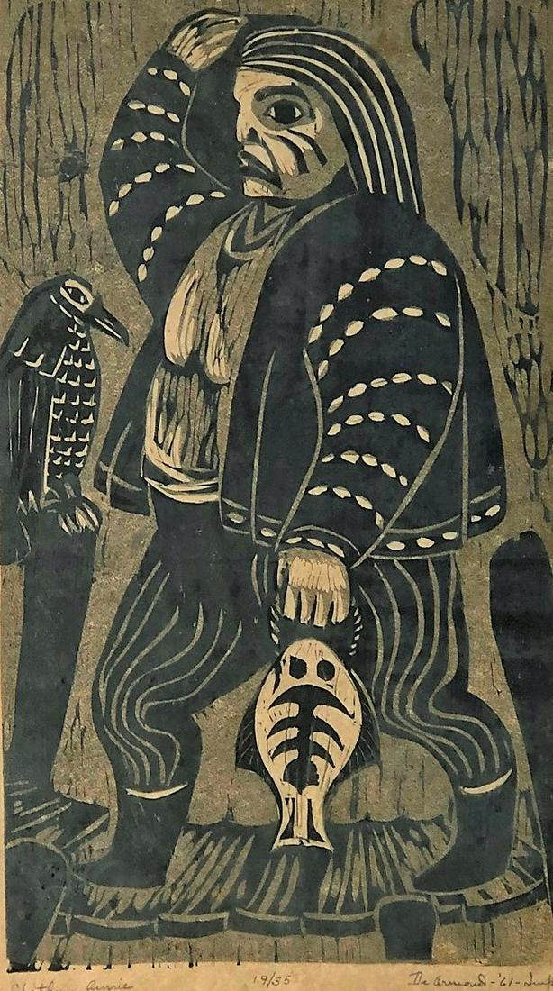 DALE DE ARMOND PRINT: “Chatham Annie” Alaskan female artist; stone lithograph? Signed De Armond 61; 19/35; toned; framed; image- 18 1/2” x 11 1/2”; F-G