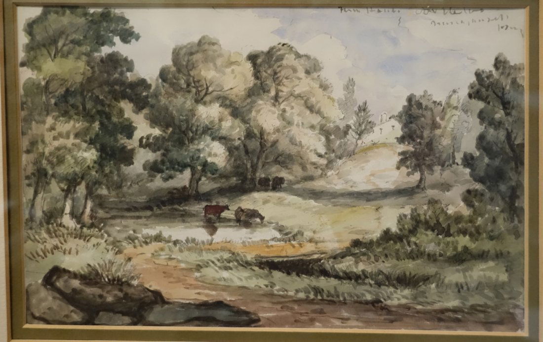 LANDSCAPE WATERCOLORS (2): (1) Cows in pasture; writing in upper left; matted and framed; image: 7" x 10", (1) Watercolor. Illegible inscription reads "near Ha??ag? Mill. 1564 Bay area, mountains; framed & matted; normal wear;
