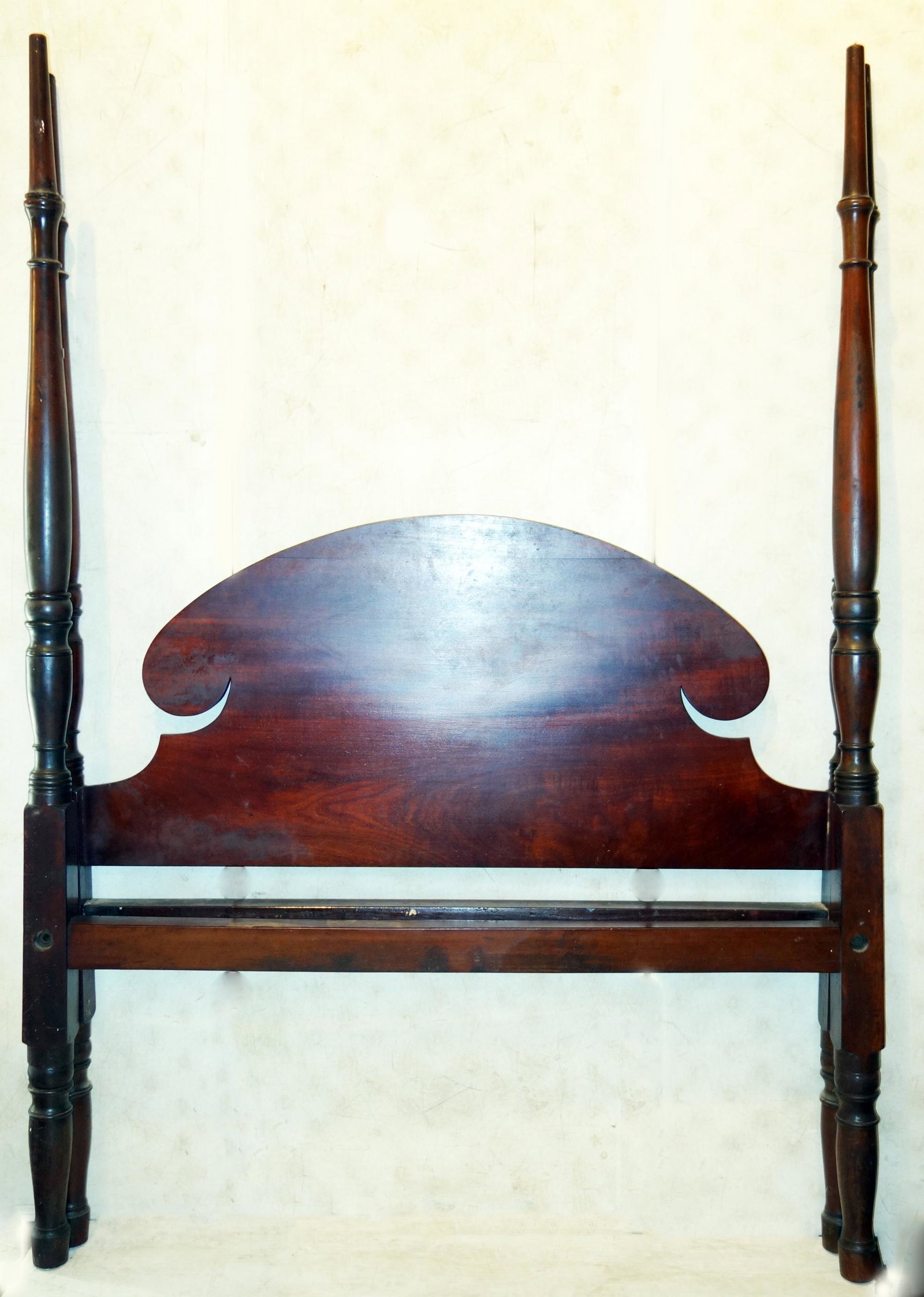 ANTIQUE TESTOR BED: Mahogany. Turned posts. Normal wear. H84" W58" Crack in one post near top. F-G