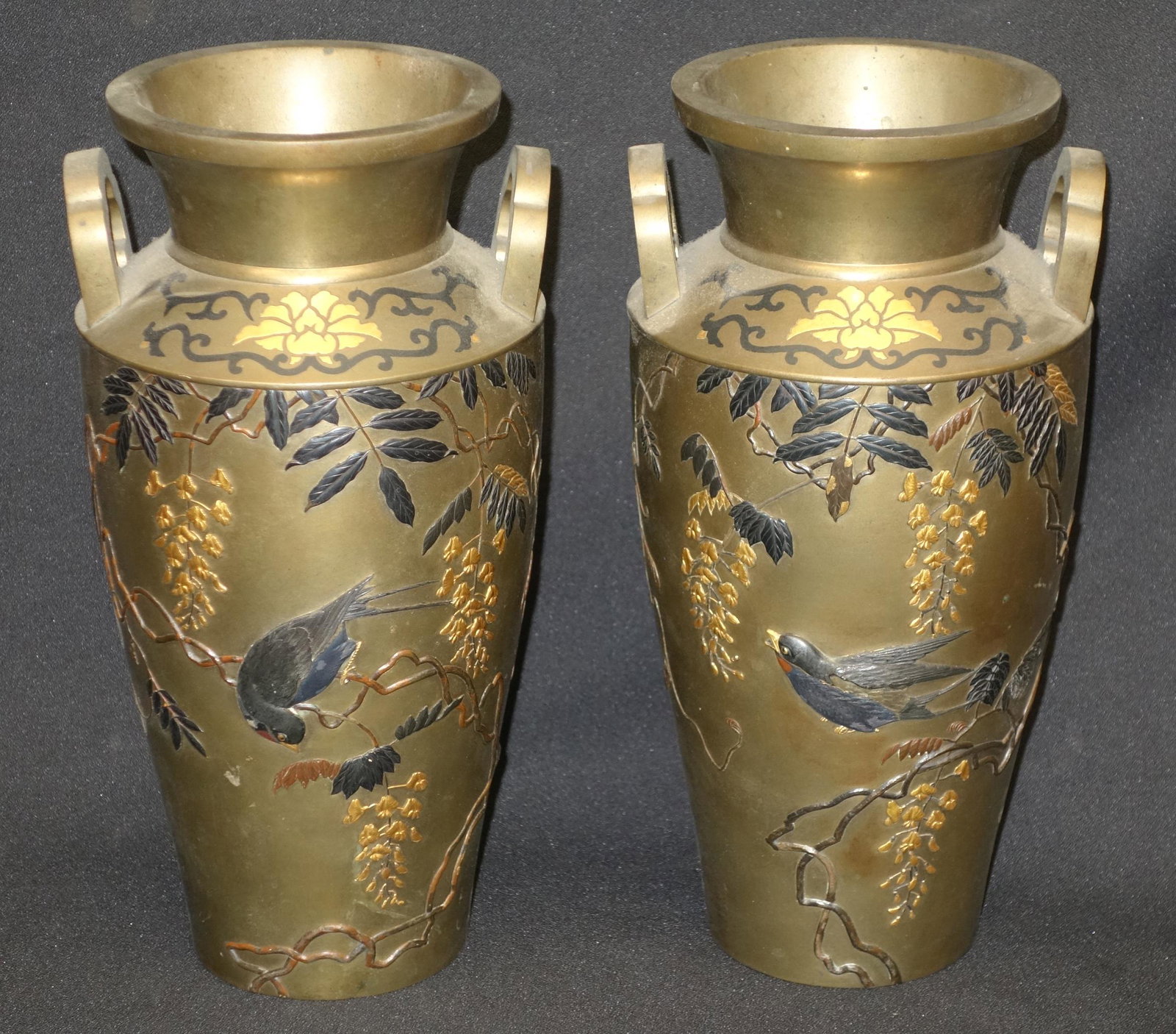 MEIJI BRONZE VASES-PAIR: Bronze with gilt & painted bronze relief of birds, butterflies and floral. Normal wear. H11" VG-EX