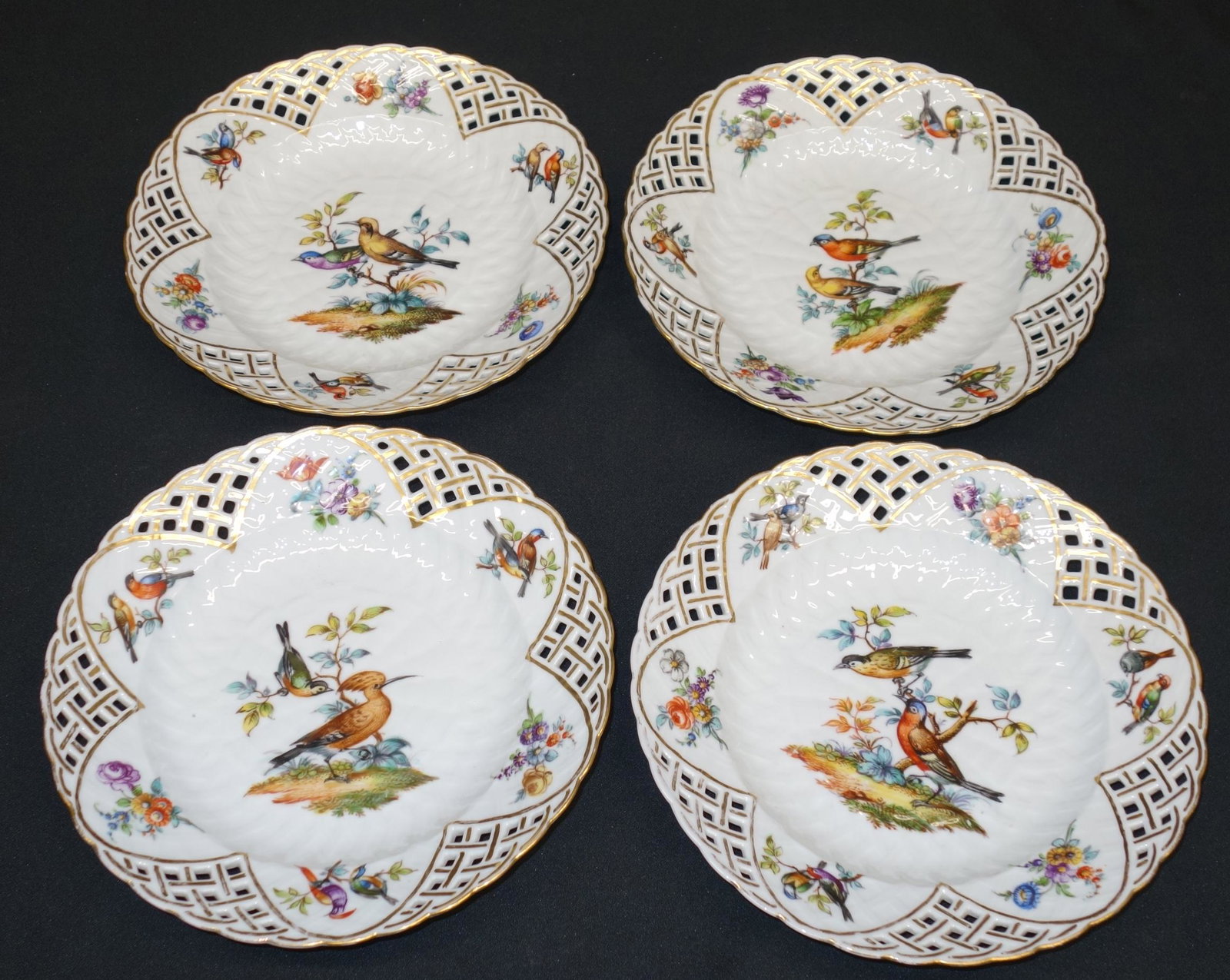 MEISSEN BOWLS (4): (A.R.) Mark. Hand painted birds. Reticulated border. Dia 9" VG-EX
