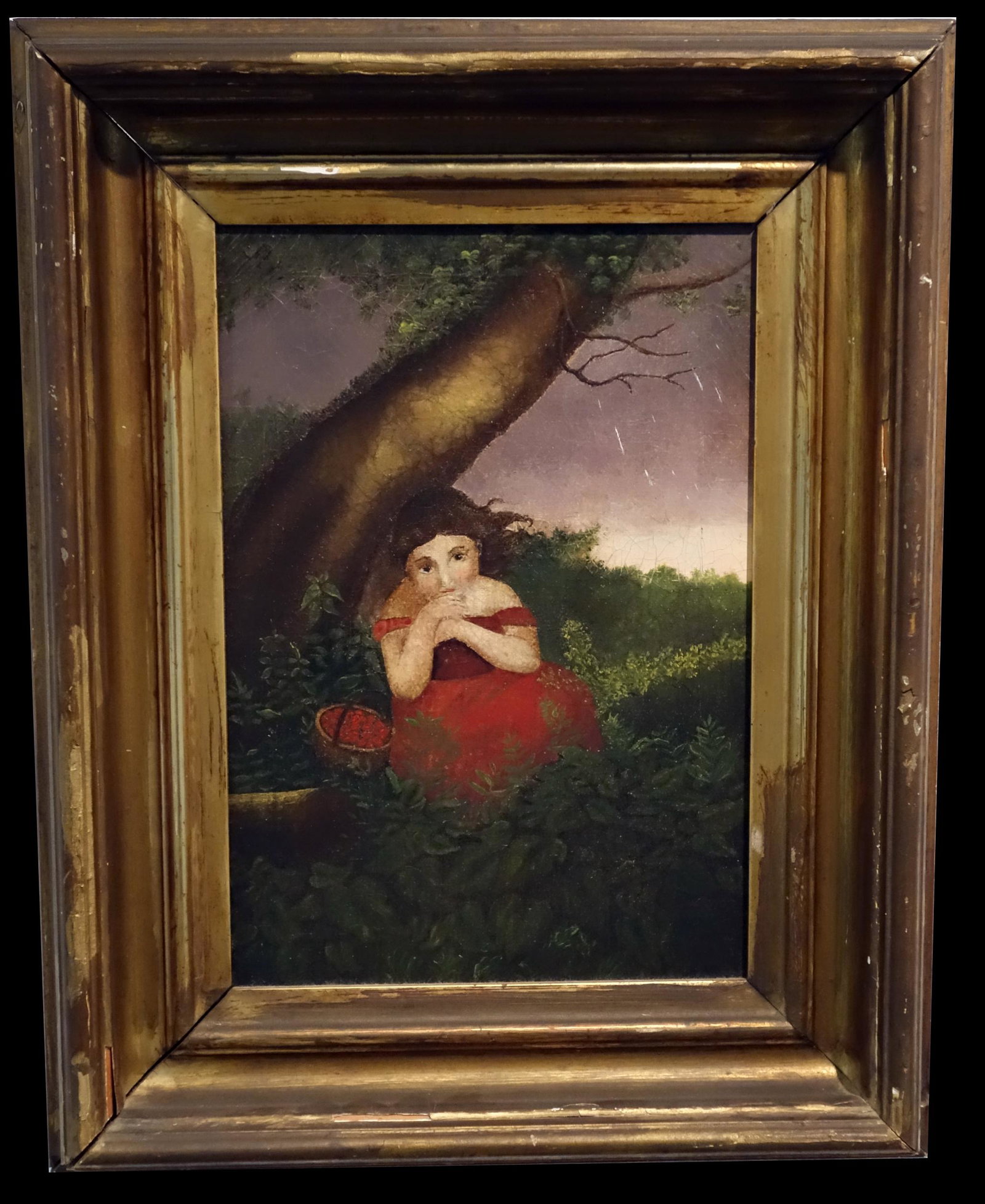 PRIMITIVE GENRE PAINTING: Oil on Canvas. Relined. Girl picking strawberries caught in storm. Framed. 8x12 G