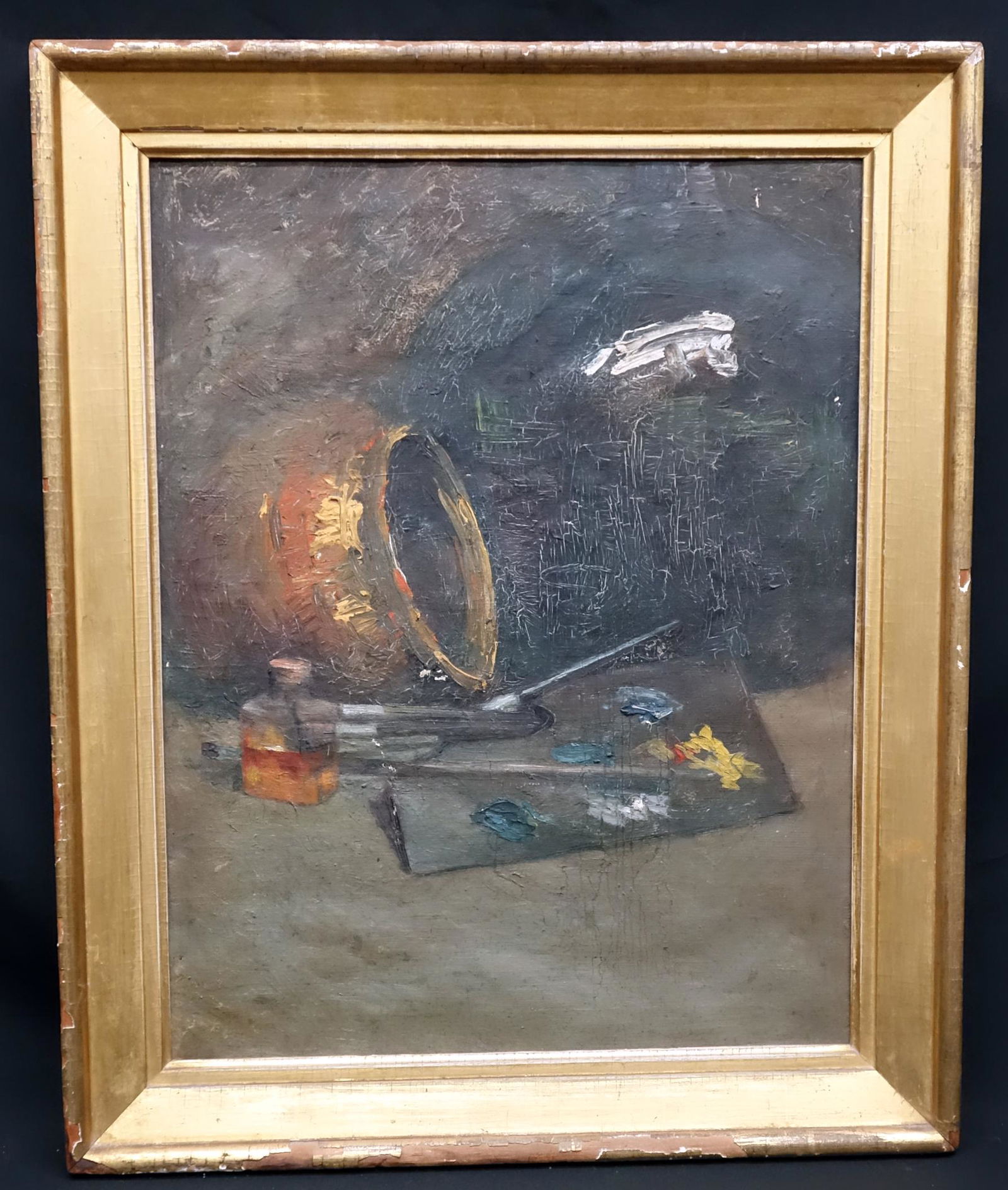 IMPRESSIONISTIC STILL LIFE PAINTINGS (2): (1)Loaf of bread, teapot, jug, oil on canvas. Signed Hanna on reverse. Framed. Small upper right tear. Crazing. Needs cleaning. 24x18. G-F (1) Artist pallet, brushes, pot. Framed. Heavy crazing. 24x18