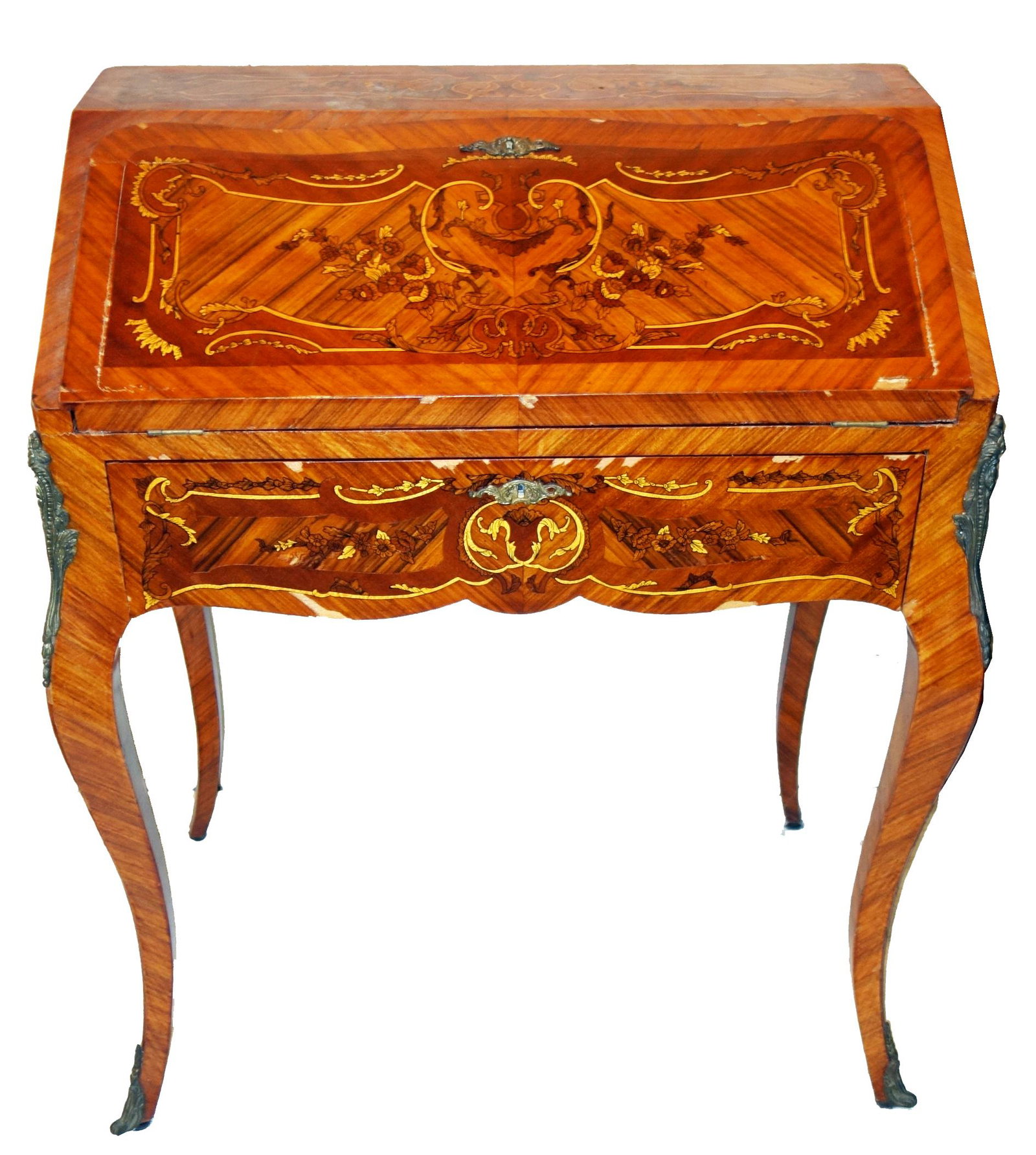 MARQUETRY WRITING DESK: Walnut. Floral inlay. Ormolu corners and feet. Wear. Some veneer lifting. H 36" W28" G