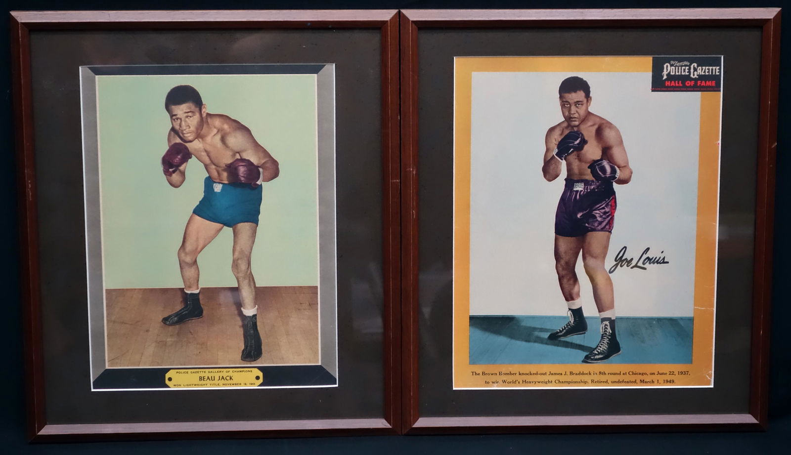 BLACK BOXER PRINTS (4): "Police Gazetter" covers. Joe Lewis, Jack Johnson, Beau Jack, Jack Blackburn. Matted & framed. 13x10. Normal wear. G