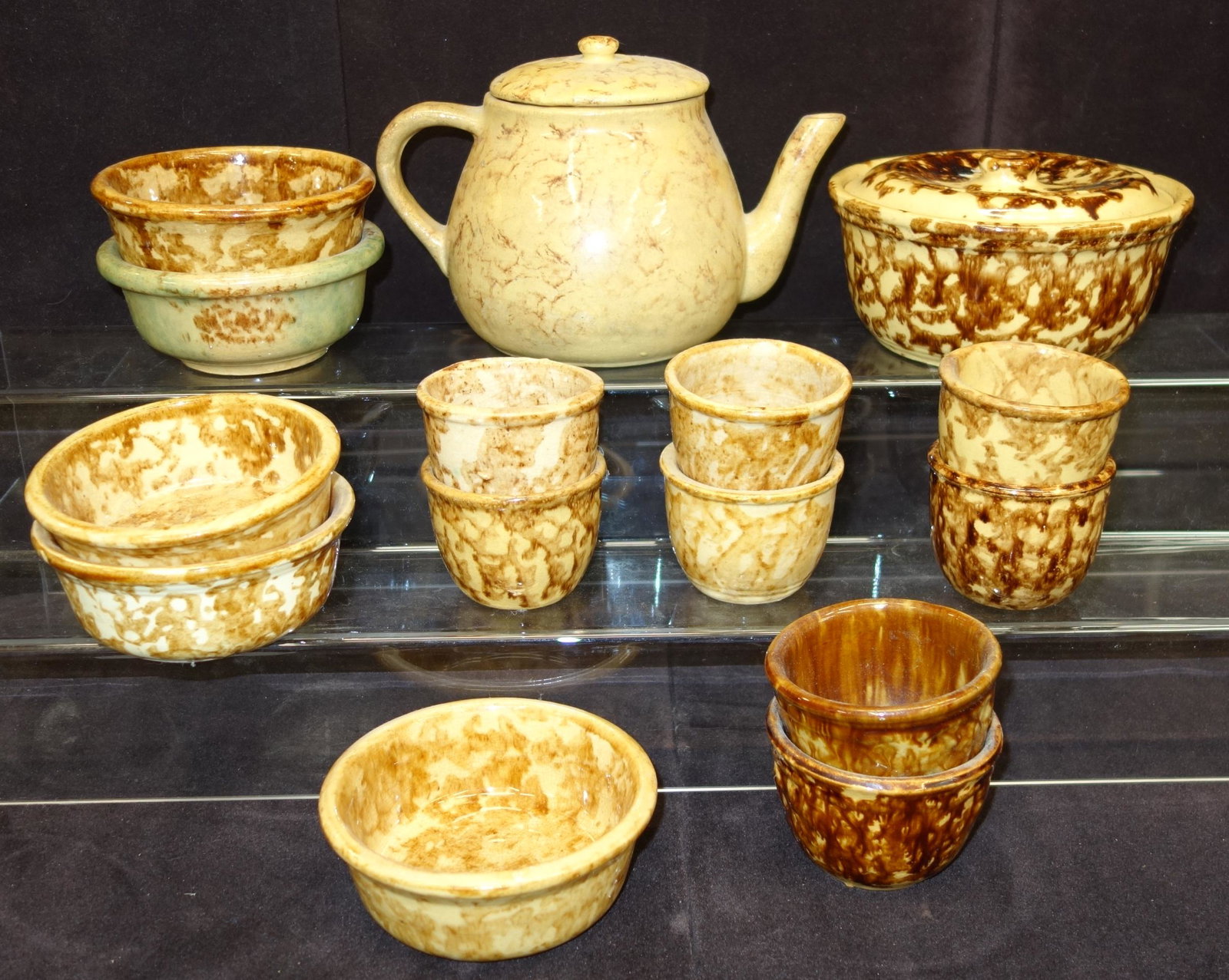 YELLOW SALT GLAZE KITCHENWARE: Butter; bowls; cup; teapot; some have crazing; teapot has small rim chip; longest- 9"; VG-EX