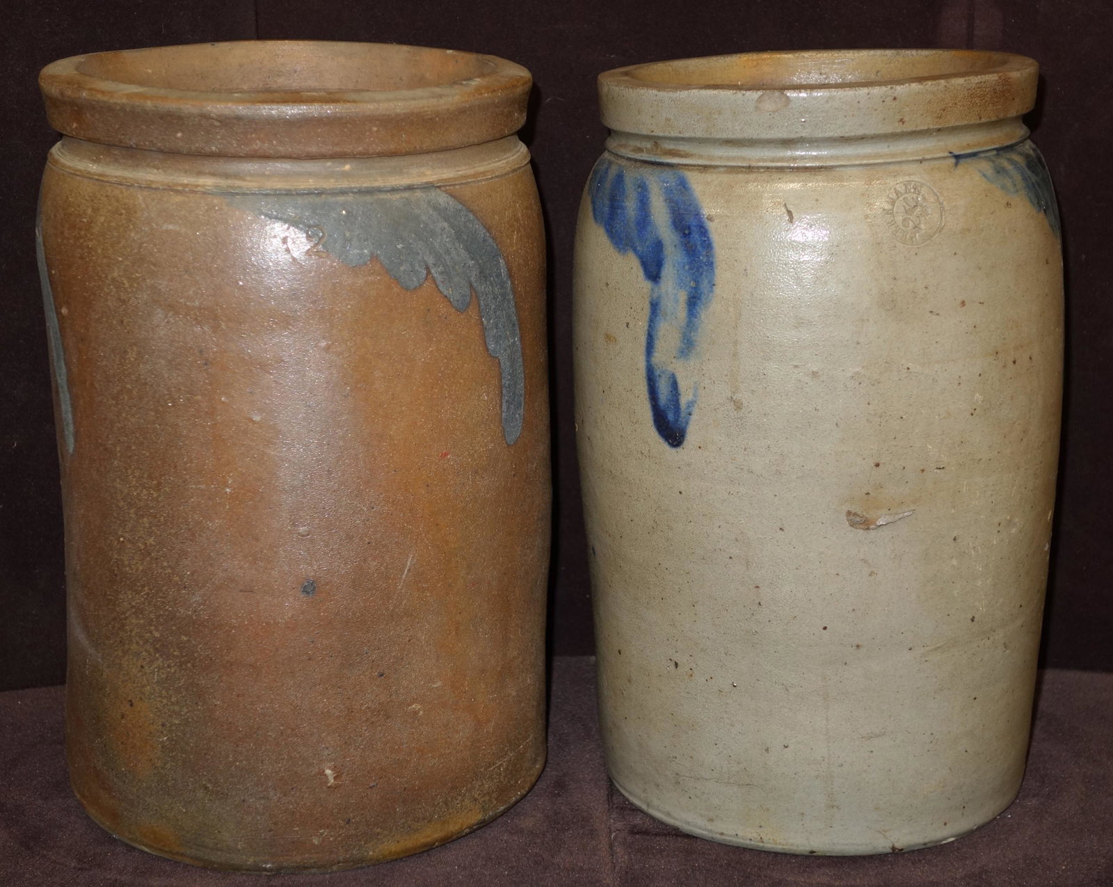 STONEWARE CROCKS- BLUE MOTIF (2): (1) has (2) very minor outer rim chips and a 4" spider hairline on body; H- 12 1/2"; VG-EX