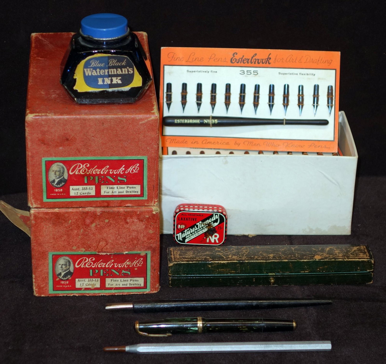 VINTAGE WRITING TOOLS AND STORE STOCK (40 +/-): (30 +/-) Esterbrook 355 fine line pens store stock (3) original boxes; (1) Parker nib pen; (1) bottle of Waterman's ink pen box etc.; overall normal wear; longest- 7"; G-VG