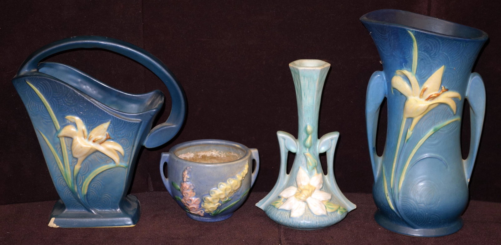 MISC ROSEVILLE BOWL AND VASES (4): Bowl crazed with 4" hairline; light blue vase has (2) chips on bottom of handles; square based vase has base corner chips; tallest- 9 1/2"; G-VG