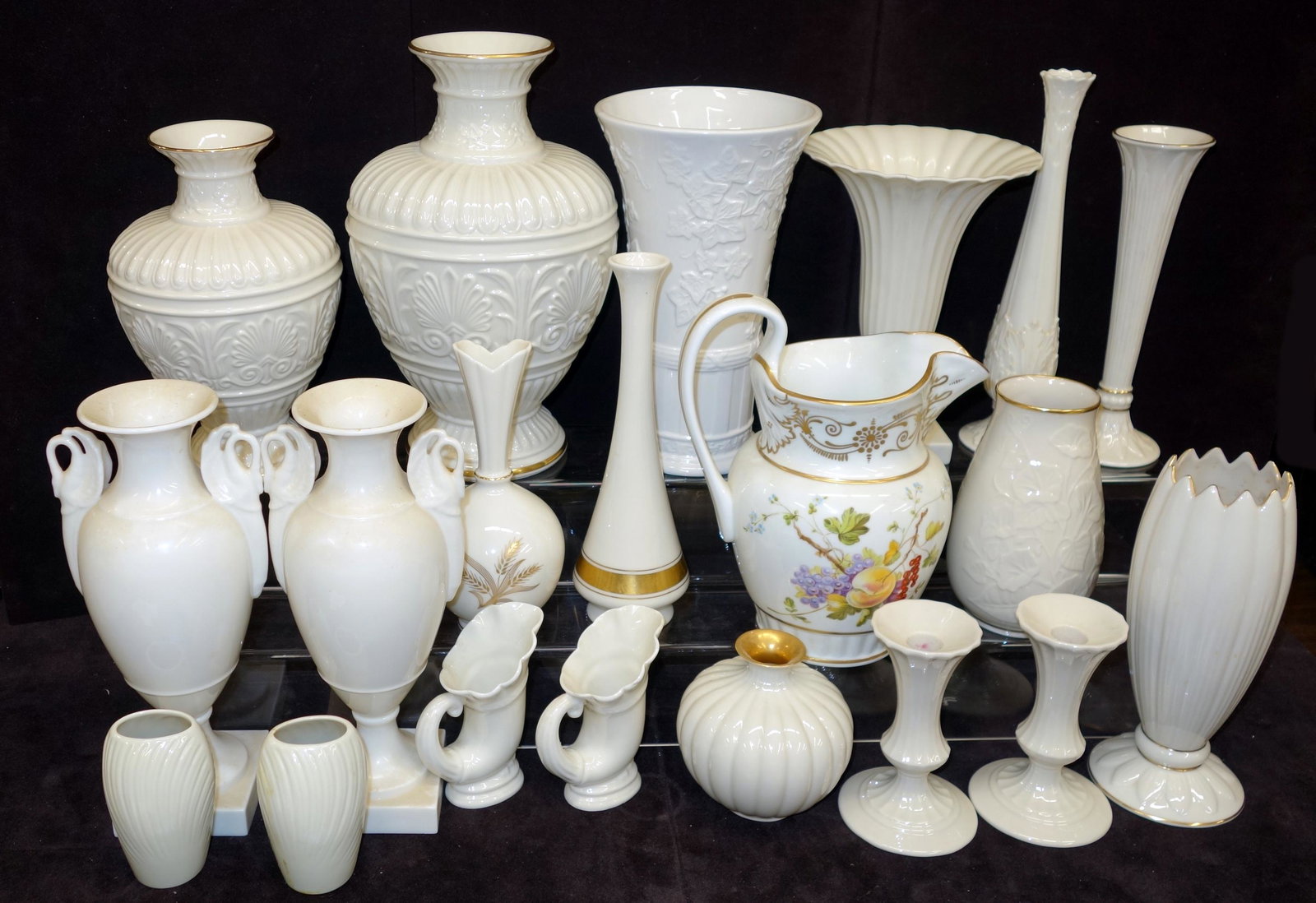 LENOX VASES, PITCHER AND CANDLESTICKS (20 PIECES): Includes (4) pairs: pair of vases (tall); pair of vases (small); pair of cornucopia vases; pair of candlesticks; normal wear; tallest- 12"; VG-EX