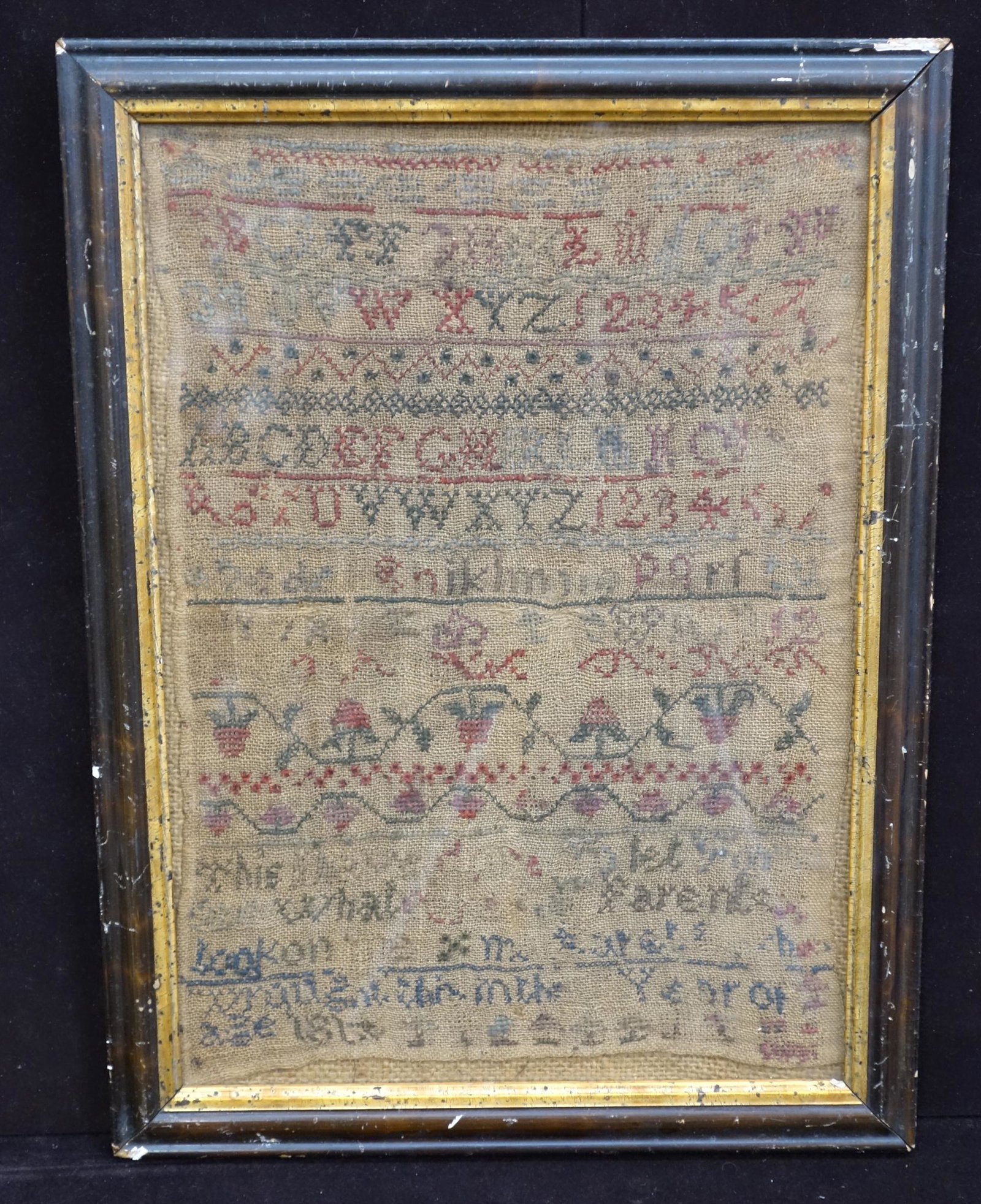 SAMPLER: Framed; embroidered cloth; faded; some stitch loss; H- 15 1/2"; F-G