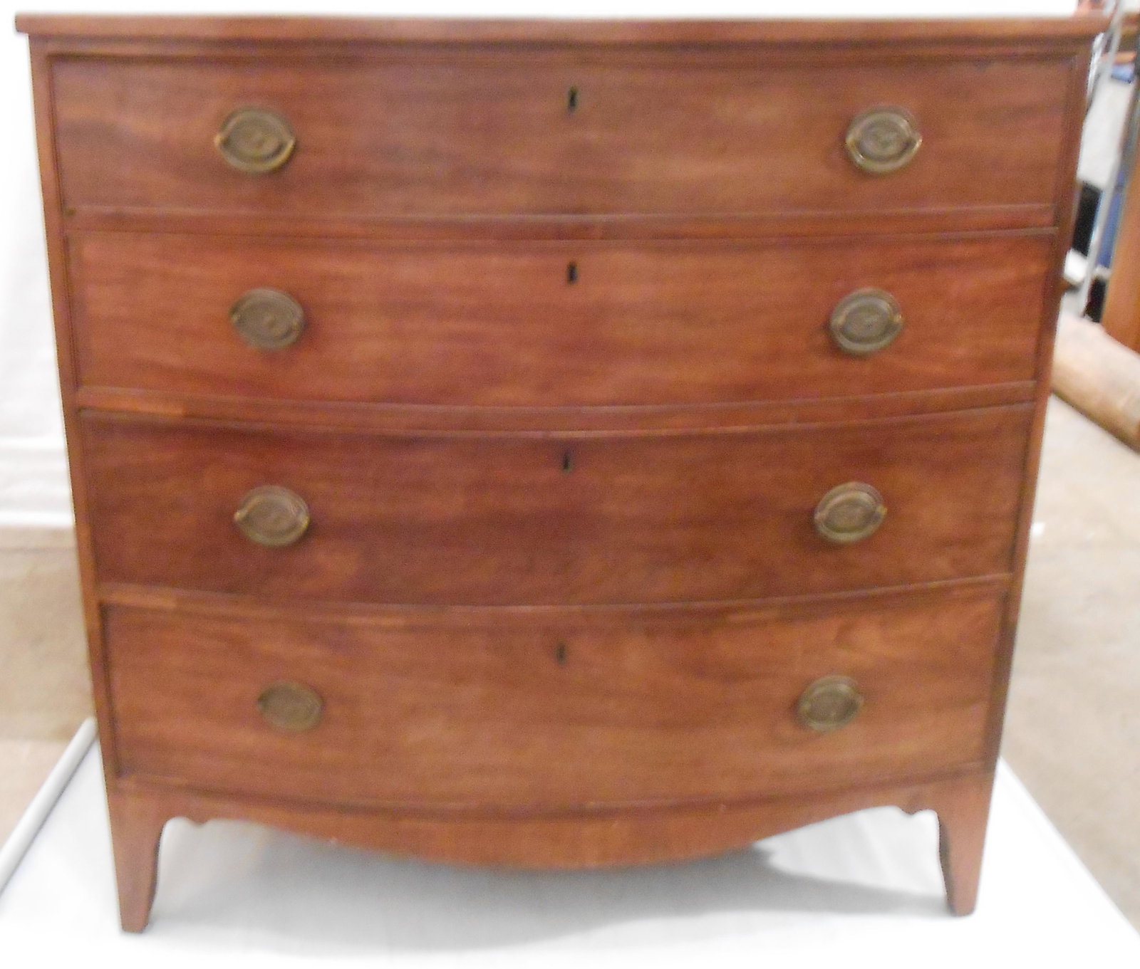 HEPPLEWHITE CHEST OF DRAWERS: Mahogany; swell front; solid ends; old refinish; some old repairs; some veneer damage to back of top; H-42", W-43", G-G+