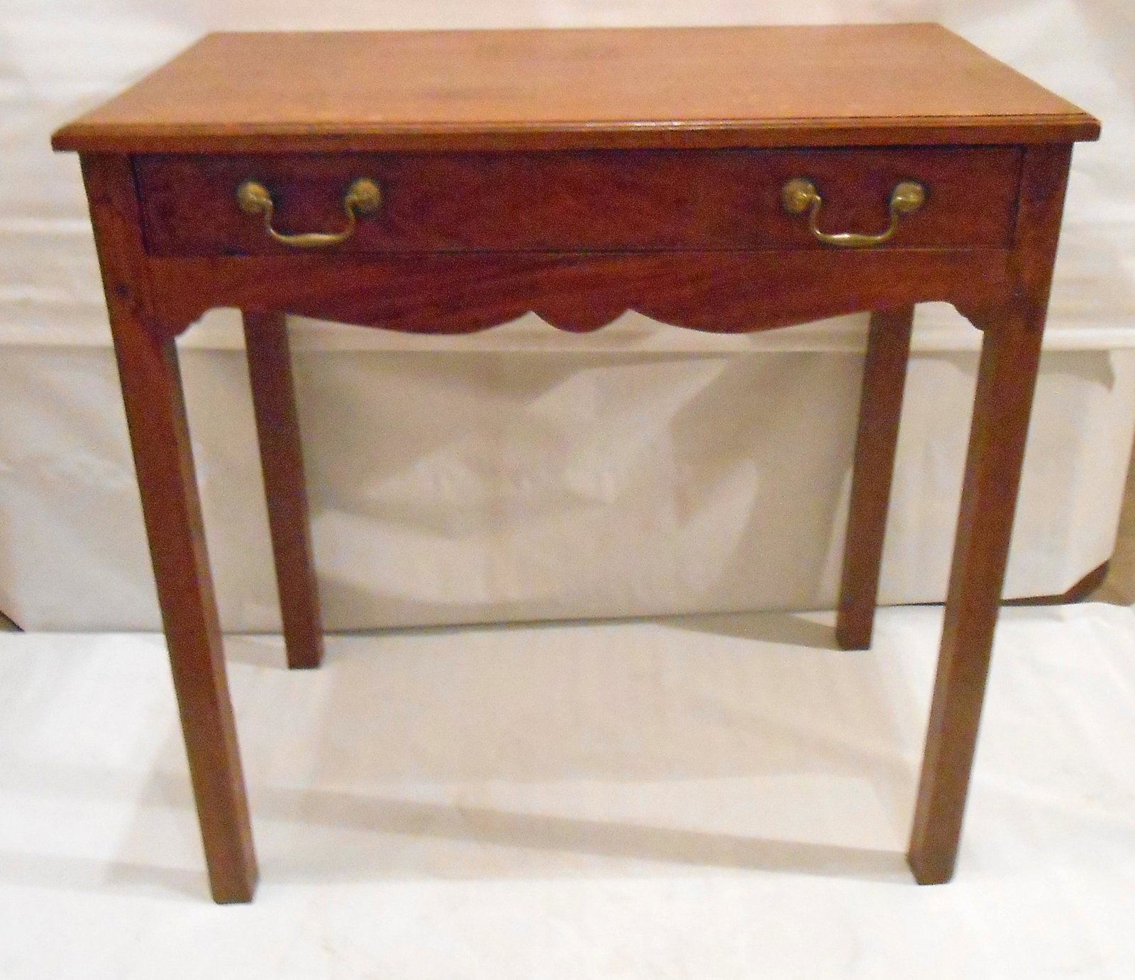 COUNTRY CHIPPENDALE WORK TABLE: Mahogany; single drawer; scallopped skirt; finish wear; H-28", W-28", G