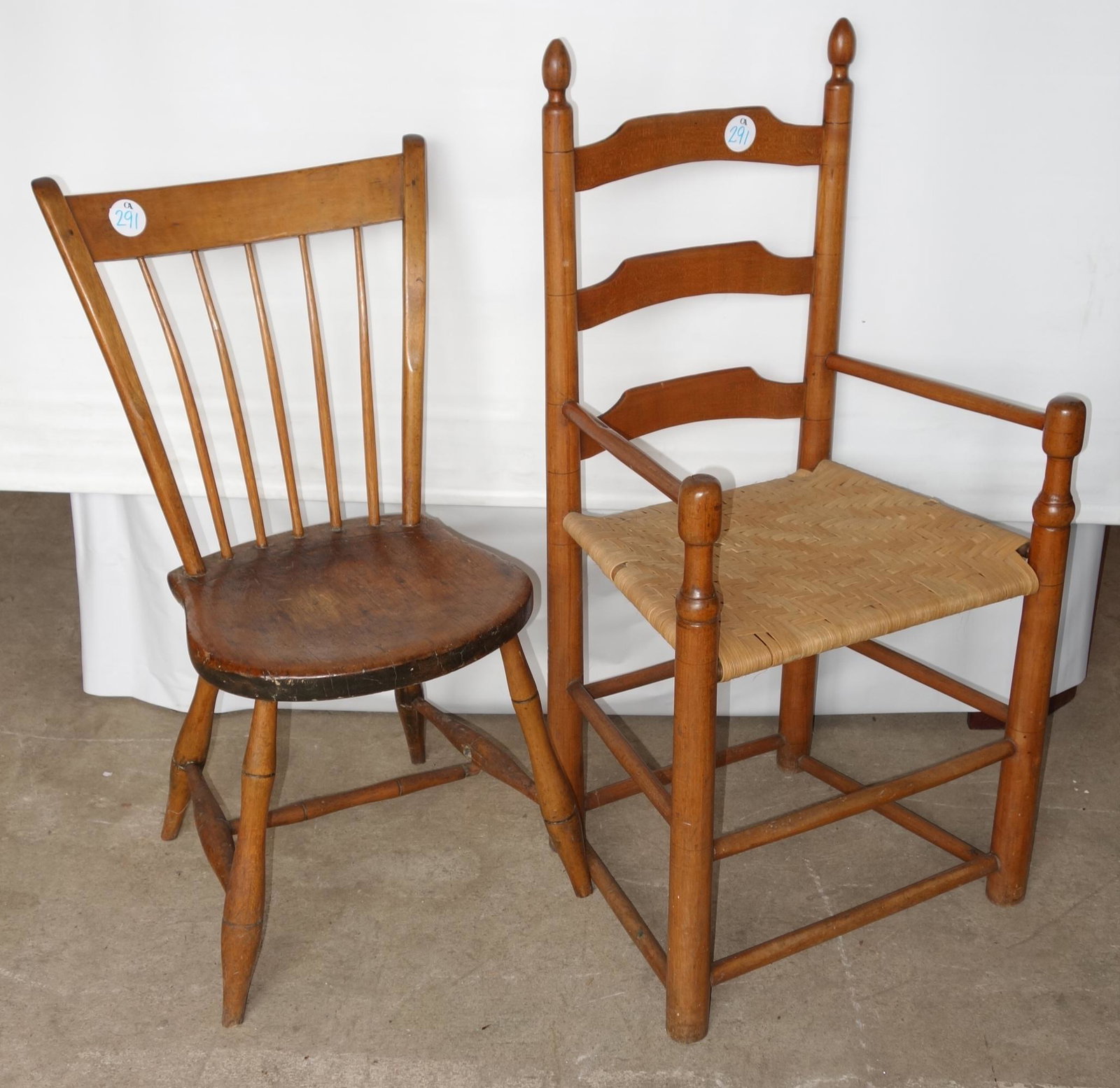 COUNTRY CHAIRS (2): (1) Windsor, (1) early slat back; ear; tallest H-38", F-G