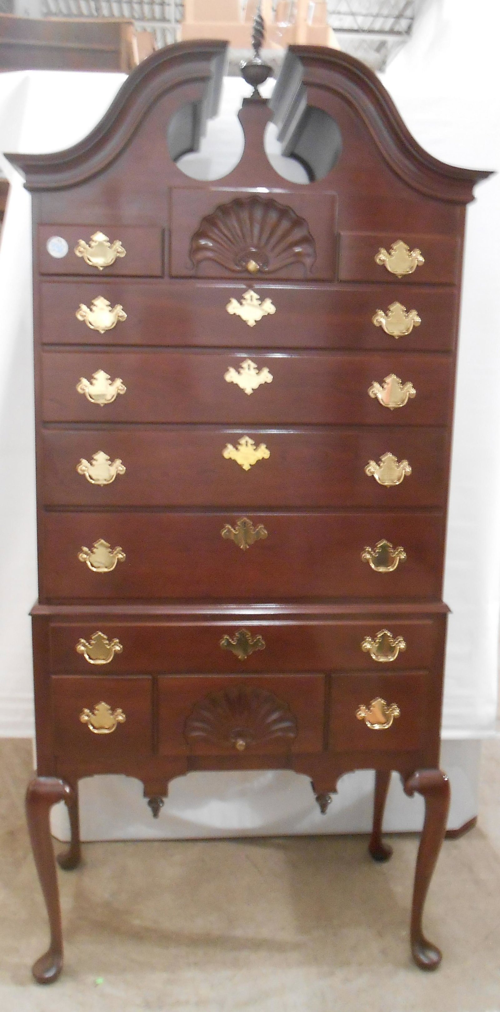 HARDEN QUEEN ANNE HIGHBOY: Cherry, two piece; shell carving; normal wear; H-84", W-39", VG-EX