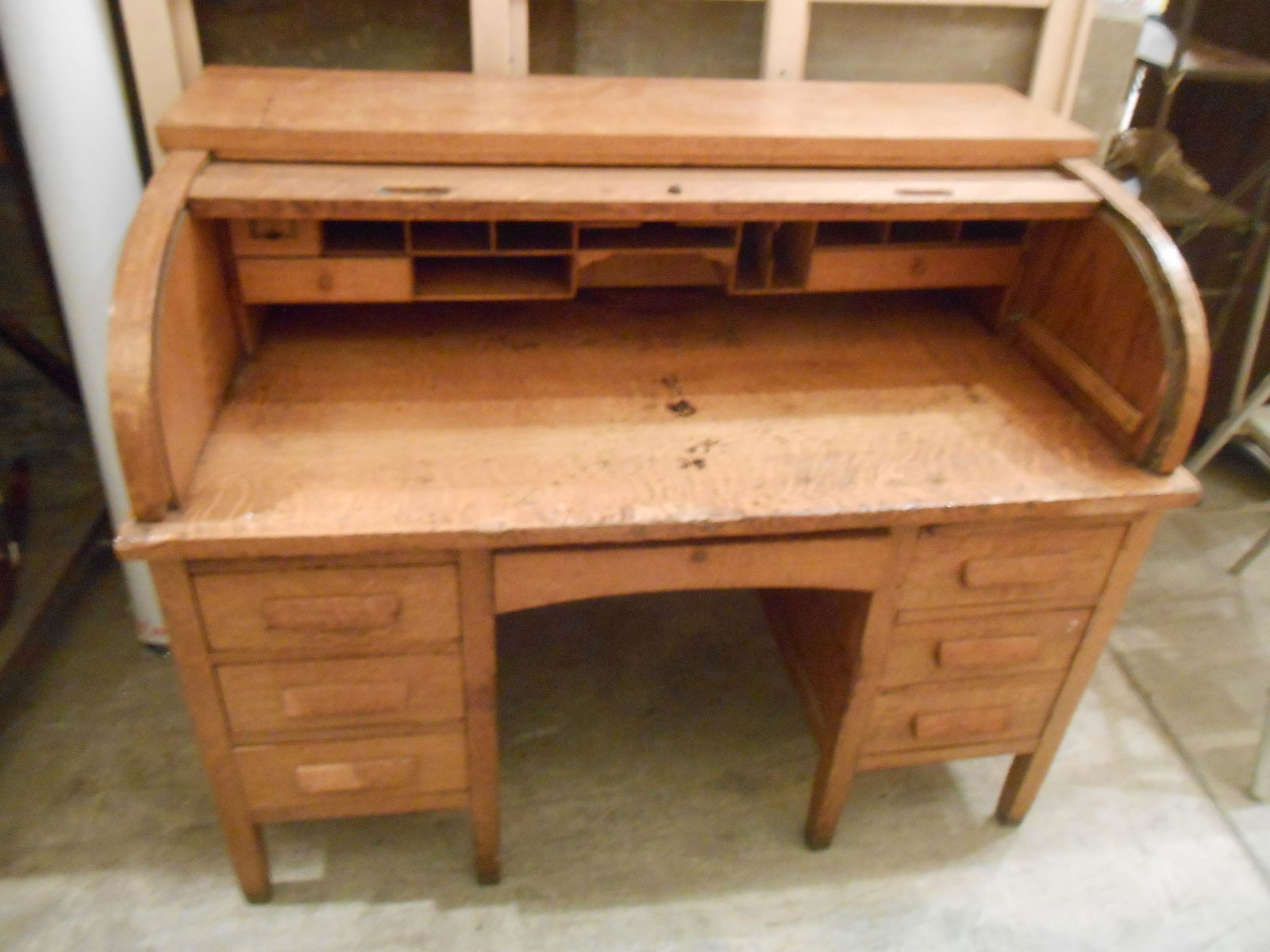 OAK ROLL TOP DESK: Antique, C-roll; refinished; some veneer; damage and filler; H-44", L-54", F-G