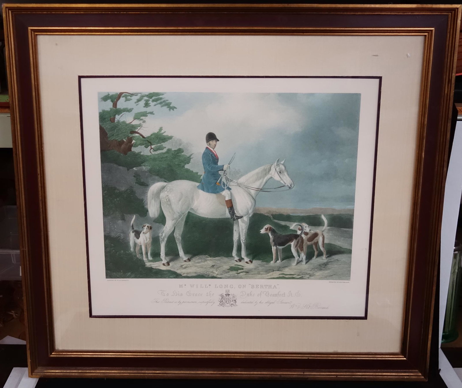 HUNT PRINT: Framed; engraved by Edw Hacker, "Mr. Will Long on Bertha", some fading; largest L-32", G