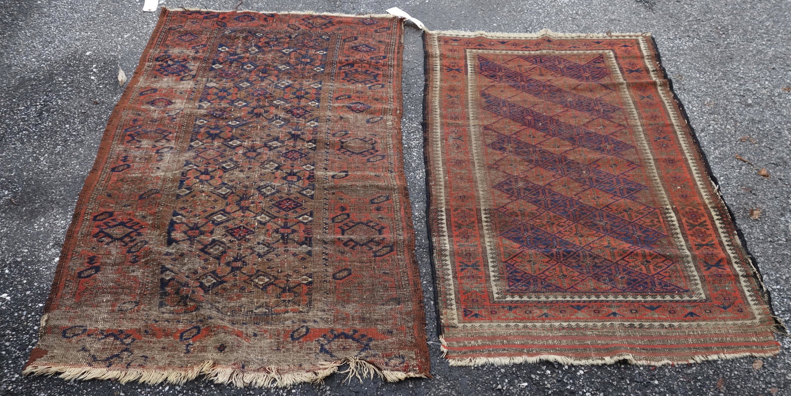 THROW RUGS (2): Very worn, many thin areas; edge loss; fringe loss; corner loss; smaller rug has dime-sized hole; 65" x 37" and 74" x 41", P-F
