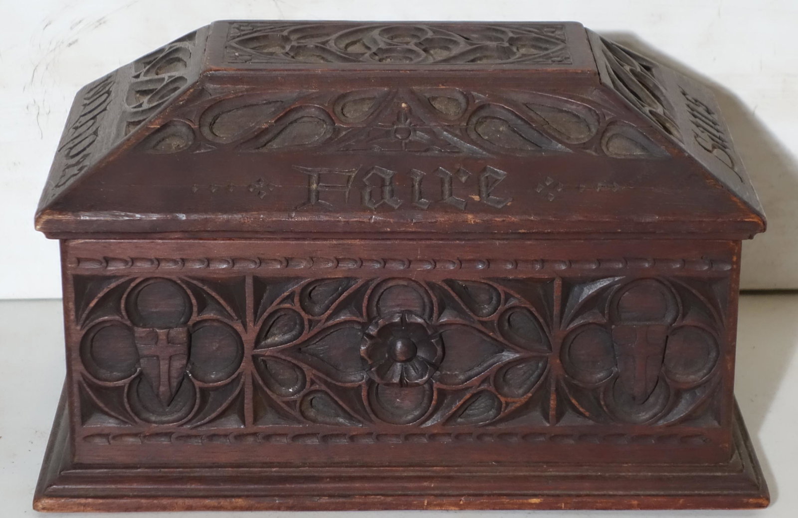 GOTHIC BOX: Walnut; relief carved; geometric pattern, 1923 - Faire - Saus - Dire; normal wear; L-11 1/2", G-VG