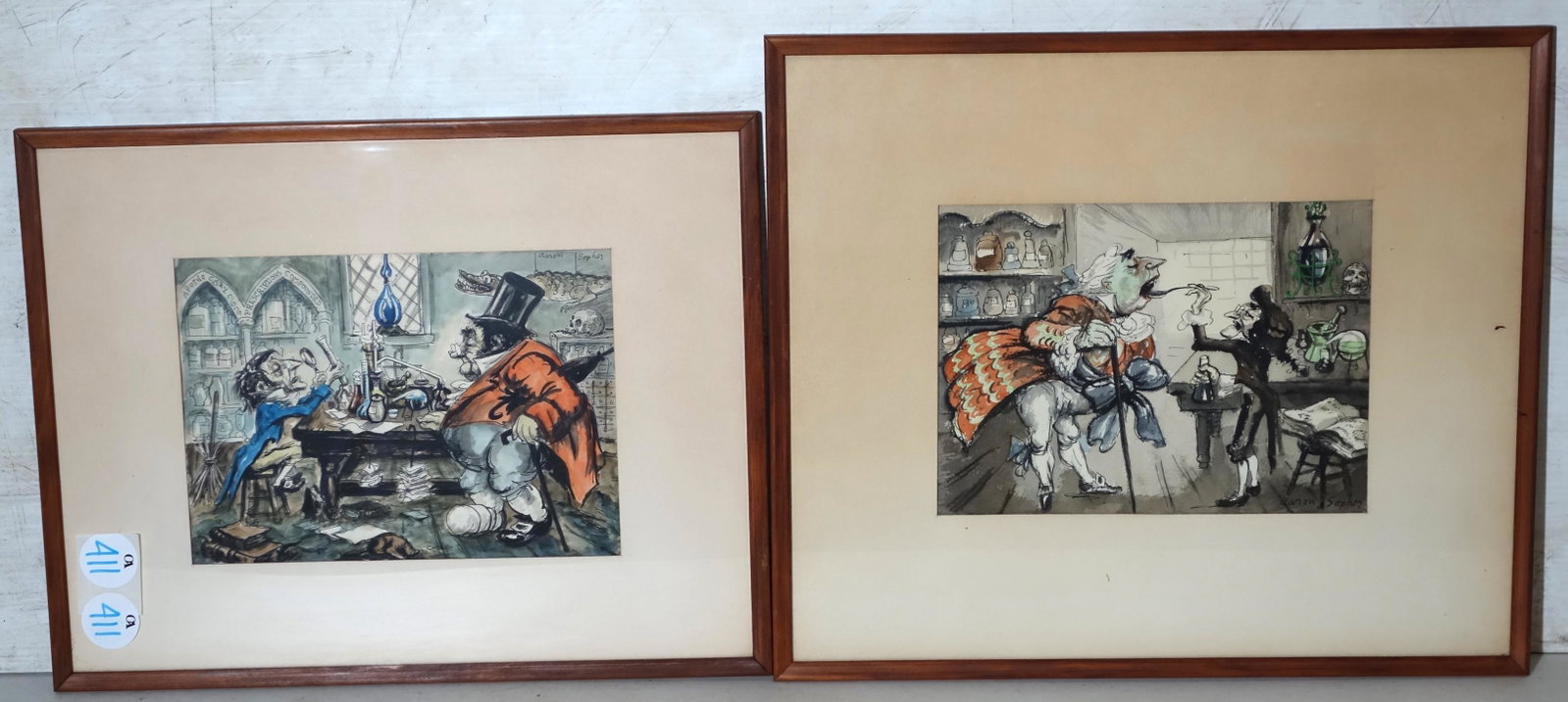 AARON SOPHER WATERCOLORS (2): "Apothecary" related, signed; largest framed size: 16 1/2" x 19 1/2", 8" x 11", VG-EX