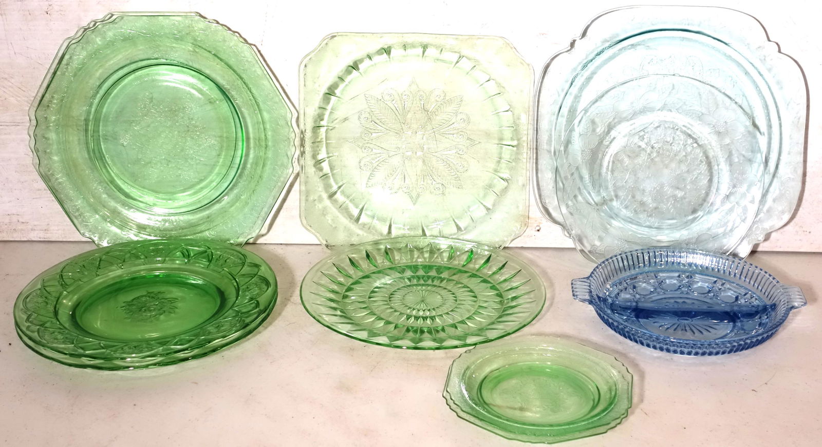 ASSORTED DEPRESSION GLASS (11+/-) PCS.: Green, blue and clear; plates and serving dishes; normal wear; largest 10 1/2", VG-EX