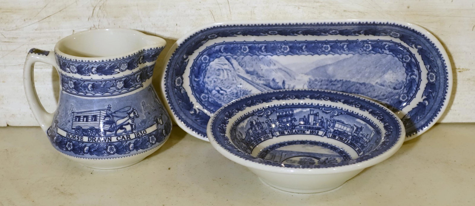 B&O CHINA (3): Shenango; (1) pitcher with black mark; (1) cereal bowl; (1) celery dish with black mark; celery L-10", G-VG