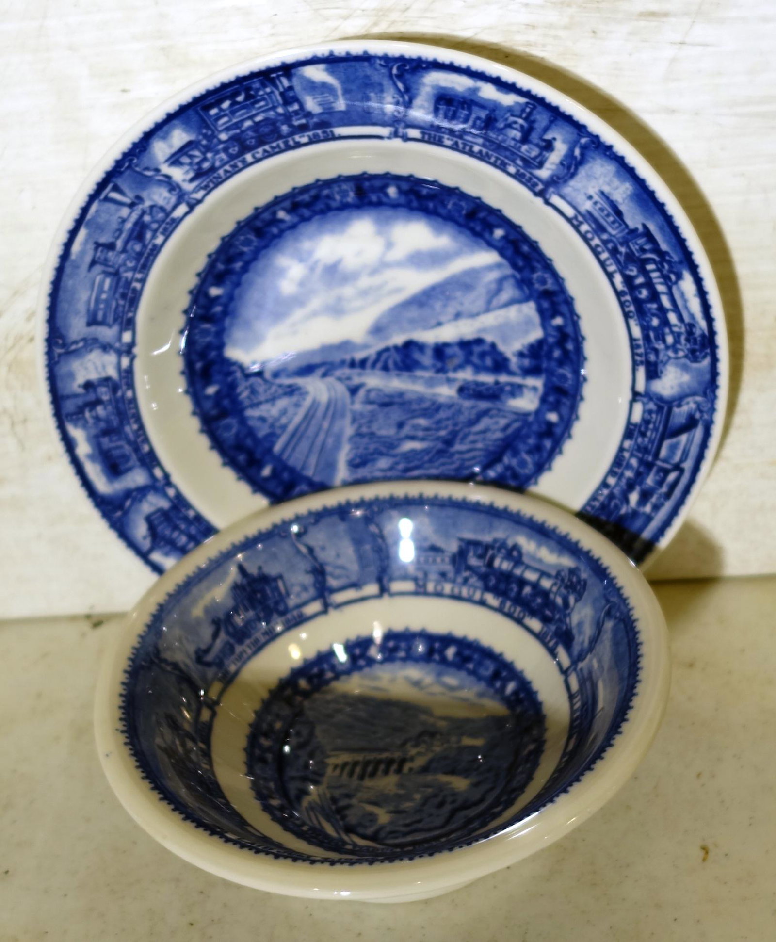 B&O CHINA COMPORT & SOUP BOWL: Scammell's Lamberton Design Patented; (1) soup bowl: Potomac Valley, Dia.-9"; (1) comport: Thomas Viaduct, Dia.-7", VG-EX