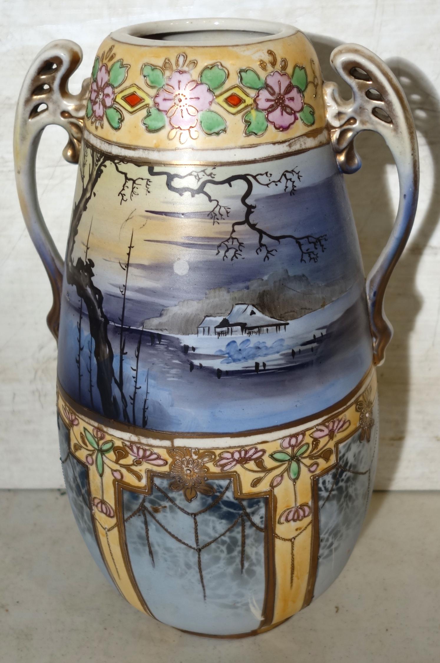 SCENIC NIPPON VASE: Painted porcelain; gilt paint loss, mostly on handles; a few paint scrapes on lower portion; H-15 1/2", G-VG