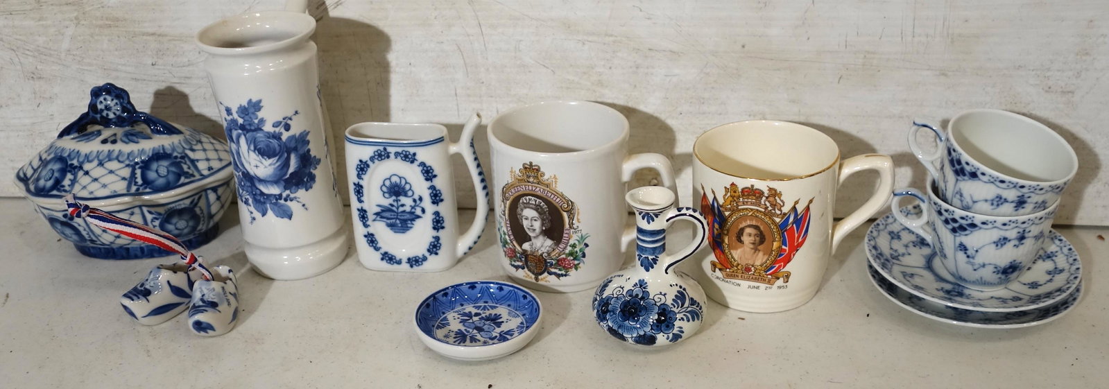 DELFT, MEISSEN, CORONATION, ETC. PORCELAIN (10): Includes: (2) Royal Copenhagen cups and saucer; (2) Coronation mugs; Delft ewer and butter; normal wear; tallest H-5 3/4", VG-EX