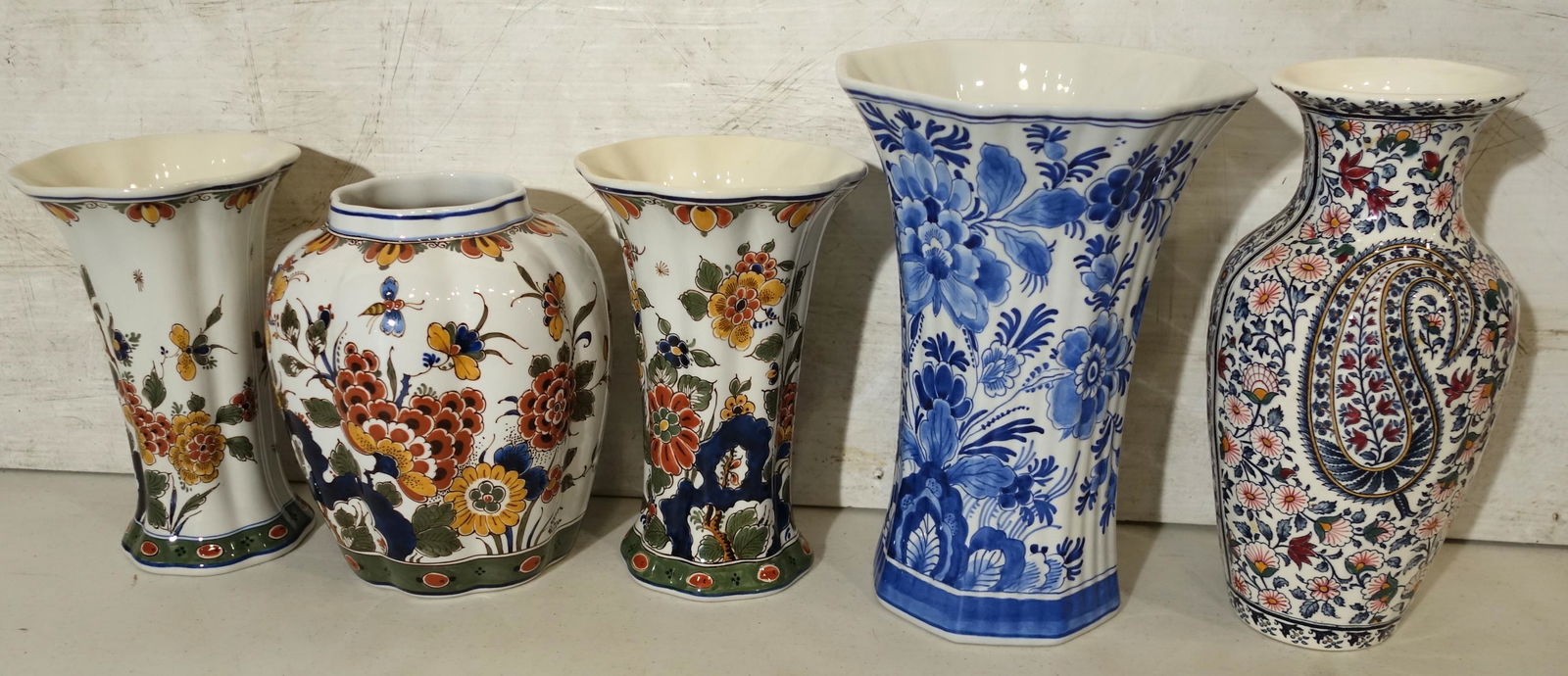 DELFT & GIEN VASES (5): Porcelain; (1) three piece set; tallest H-10", VG-EX