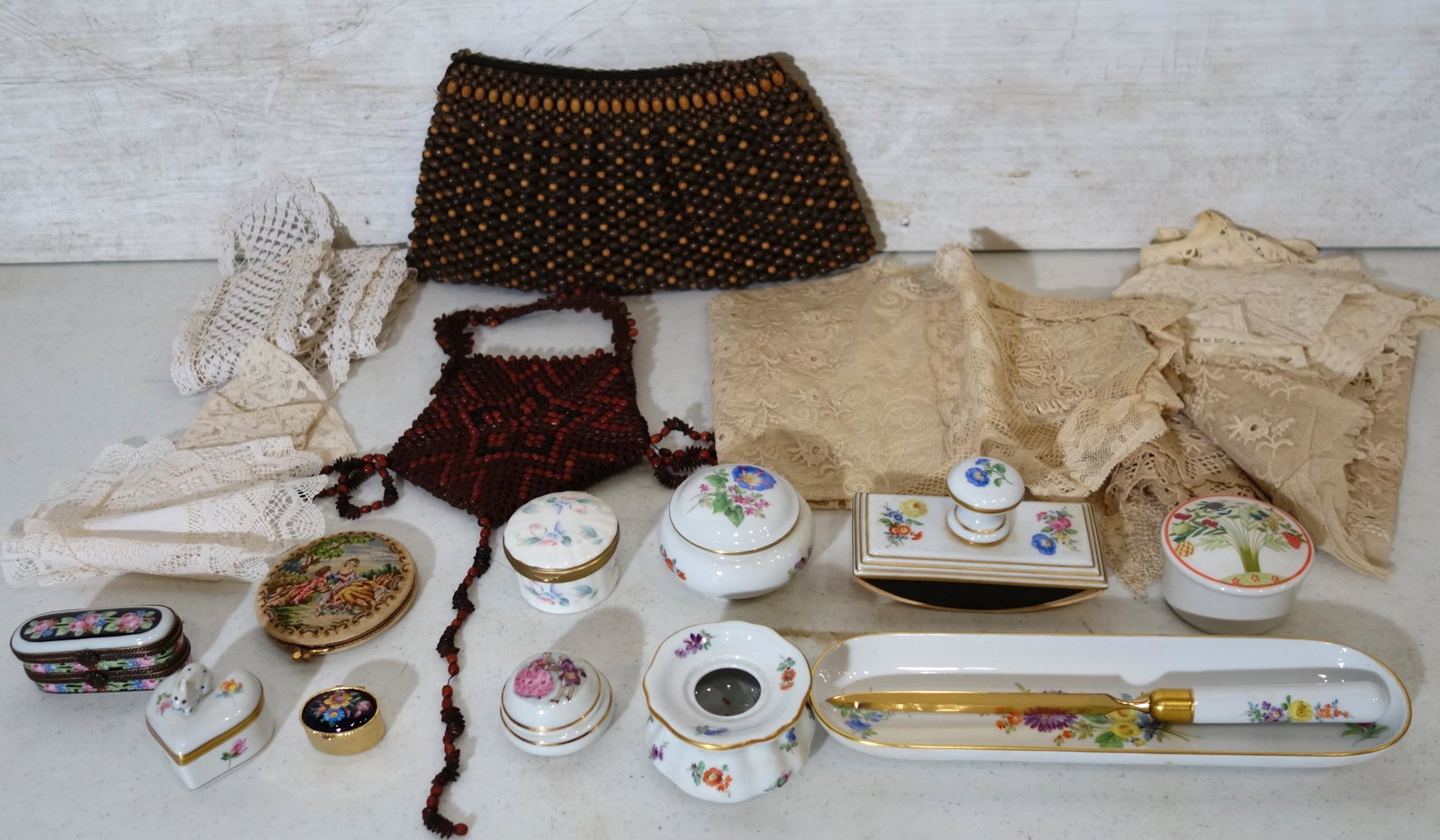 PORCELAIN, LACE, ETC. (20+) PCS.: Includes Limoges box, Herend box, Meissen desk set, beaded purses, etc.; longest L-11", G-VG