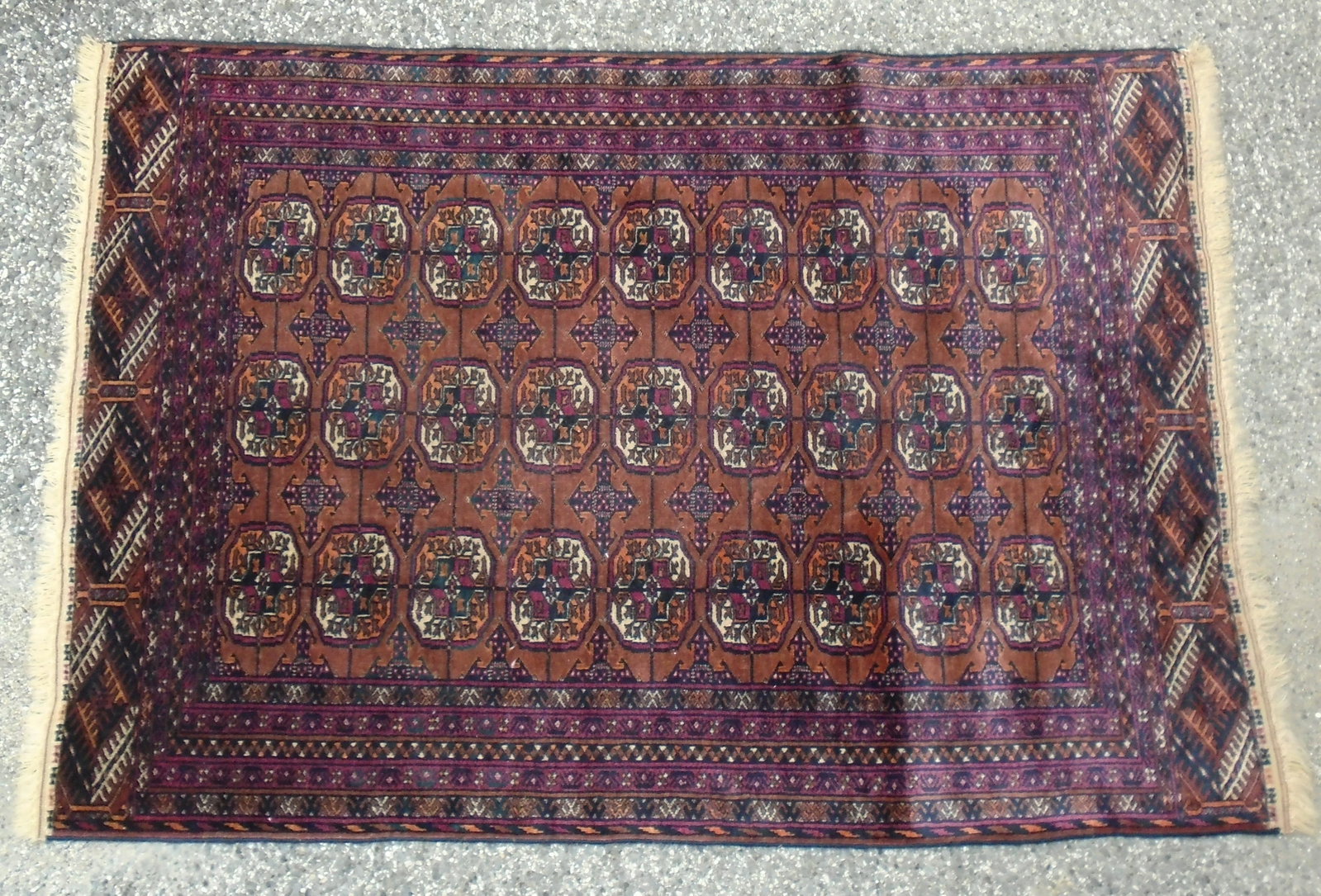 BOKARA THROW RUG: Some color runs, normal wear. 58x40 G-G+