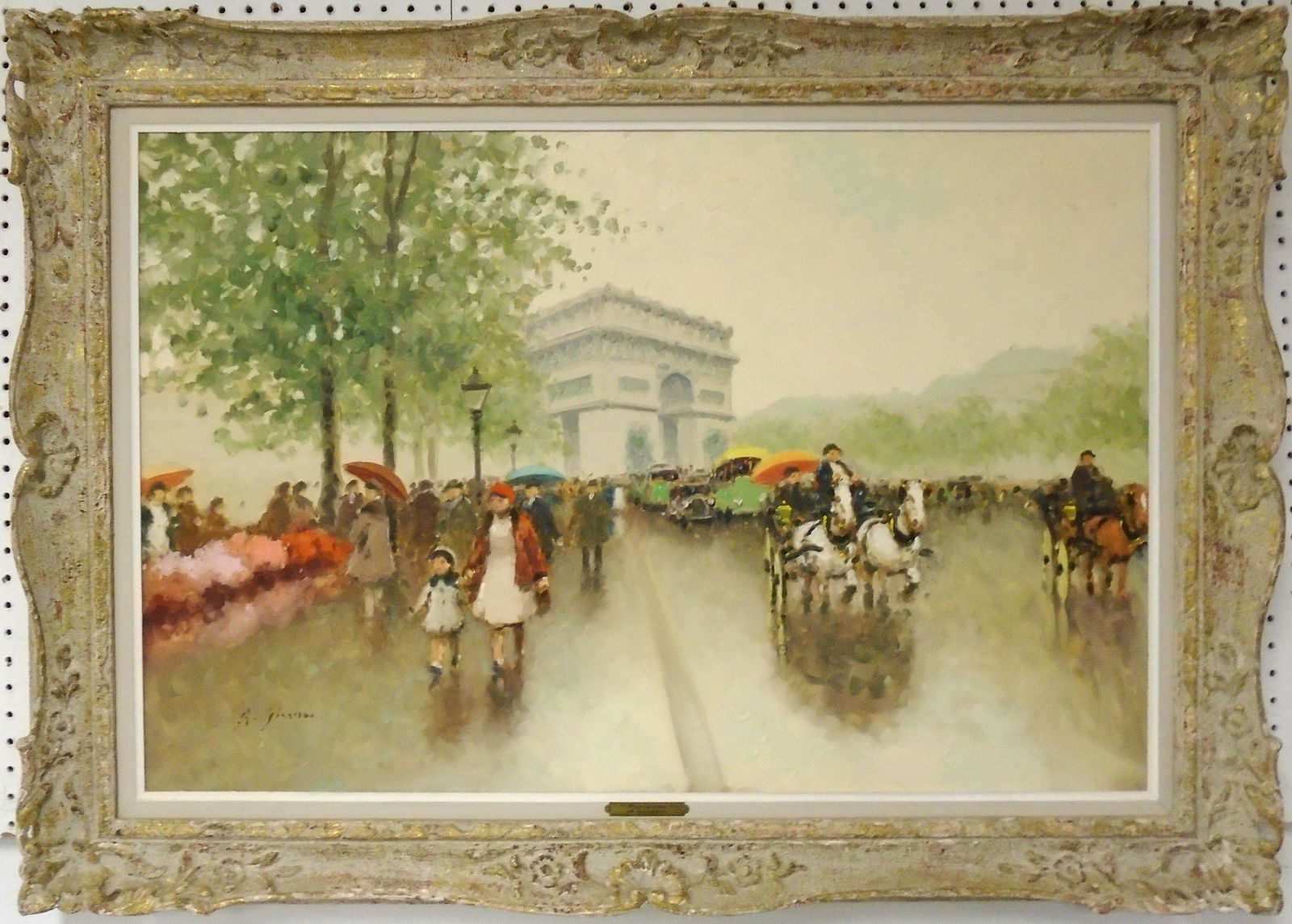 ANDRE GISSON PARIS PAINTING: Paris 1912. Oil on canvas. Street scene with Arc de Triomphe in background. Framed 24x36 VG-EX