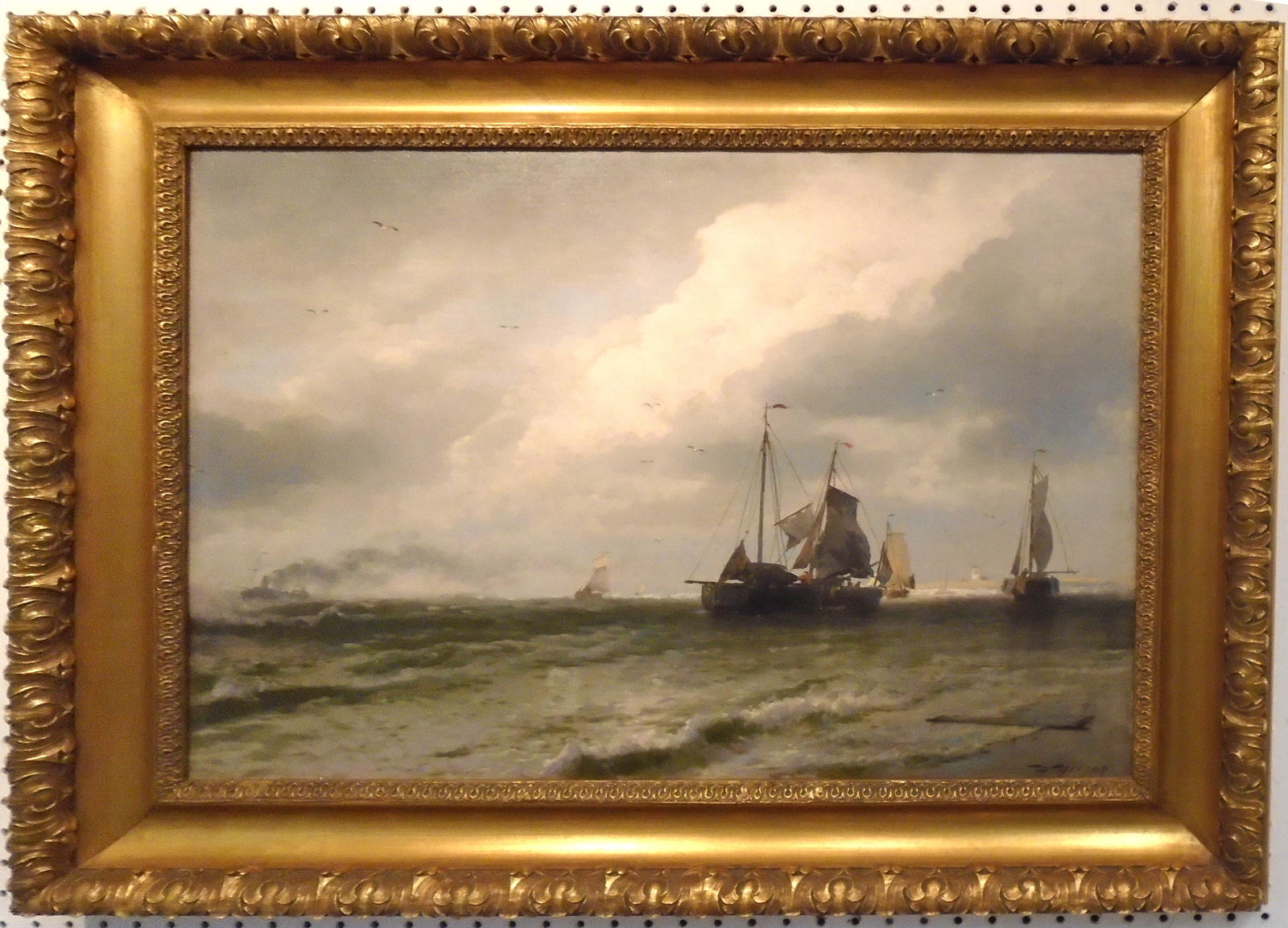 HERMANN HERZOG PAINTING: Nautical scene. Oil on canvas. Signed Lower right. Some in paint. Framed 20 x 27" G-VG