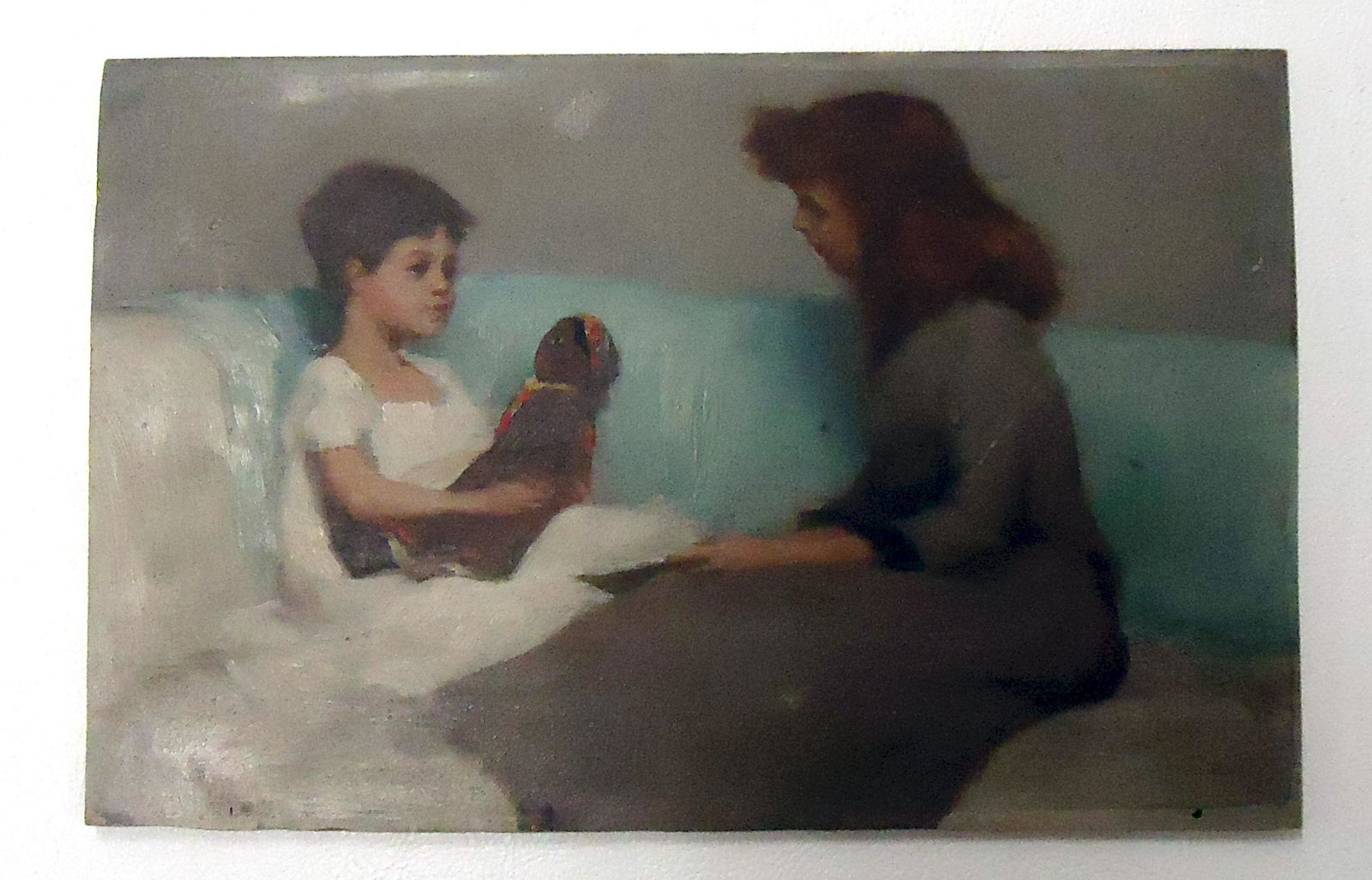 HARPER PENNINGTON PAINTING: Oil on wood panel. (2) girls (1) with black cloth doll. Unsigned but accompanied other Pennington's. Board slightly warped. Needs cleaning. Unframed. 5.5" x8". G-VG