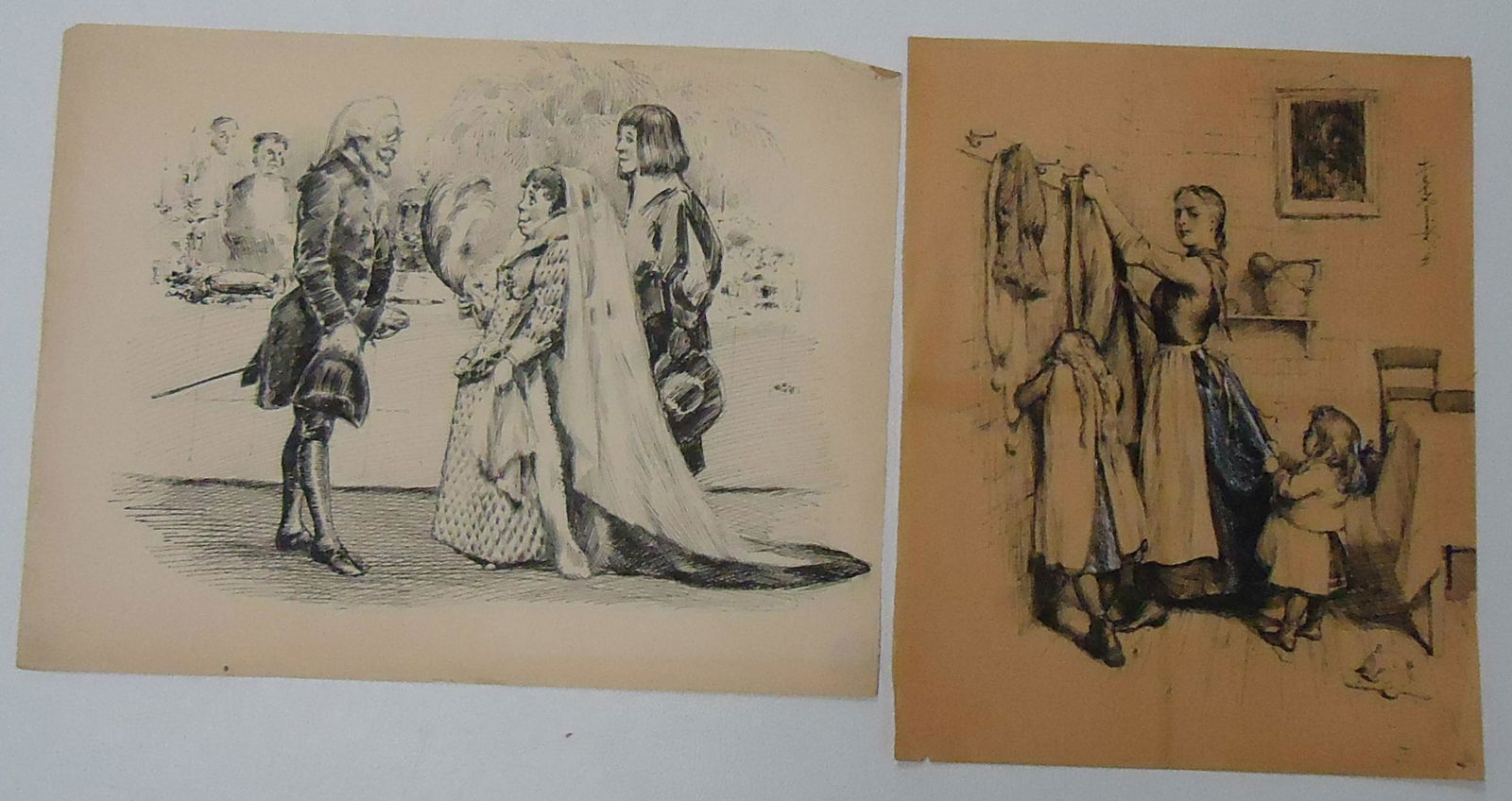 HARPER PENNINGTON PEN & INK DRAWINGS.: (1) Mother and children-signed upper right. (88). Edge tears. Horizontal color band through middle. (1) Court scene. Signed with monogram. Largest 9" x 12". G-G+.