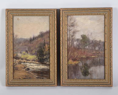 J.W. RAUGHT PAINTING: Landscape paintings-pair. Oil on board (1) signed. Image with cottage signed John Willard Raught. Needs cleaning. Framed. 9" x 5". VG-EX