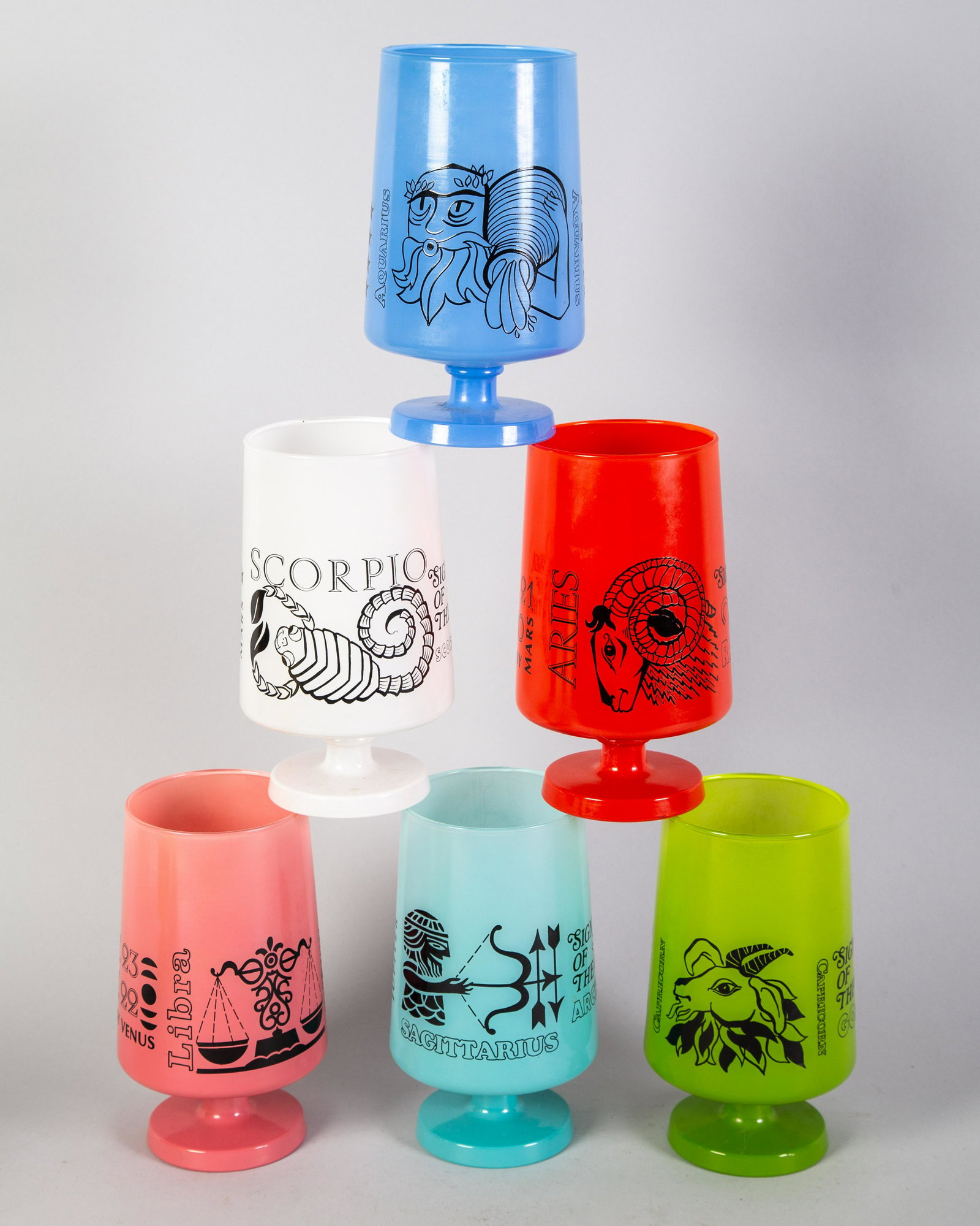ZODIAC GLASS GOBLET (12): Series of (12) all different colors stamped with zodiac images & dates and attributes. H7.5" VG-EX