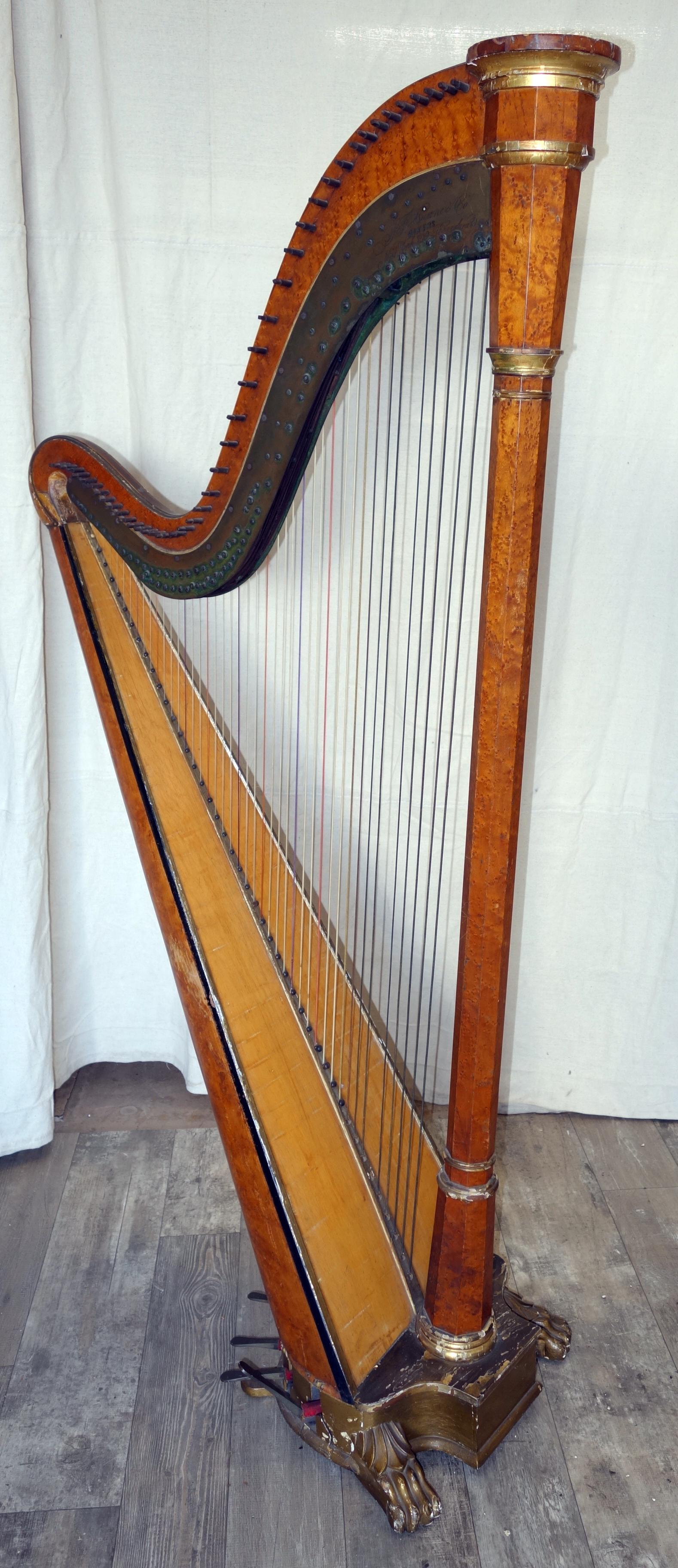 BROWNE & CO. FLOOR HARP: J.F. Brown & Co. 709 Broadway NY. Maple & Gilt. Paw feet. H-67.5". Chips, losses, wear. P-F