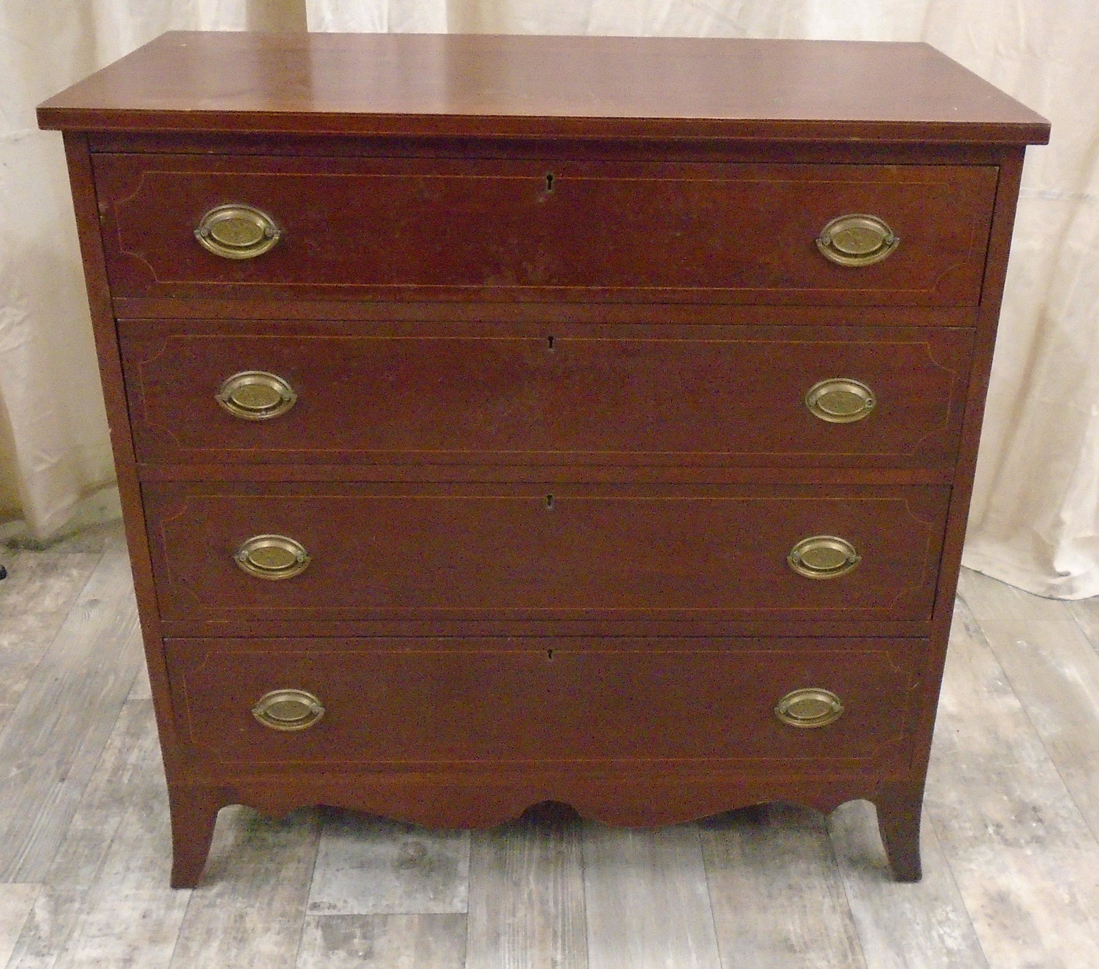 HEPPLEWHITE STYLE CHEST DRAWERS: Mahogany (4) drawer-line inlay-cabinet made scalloped skirt. H-36" W-36 "Wear G-VG