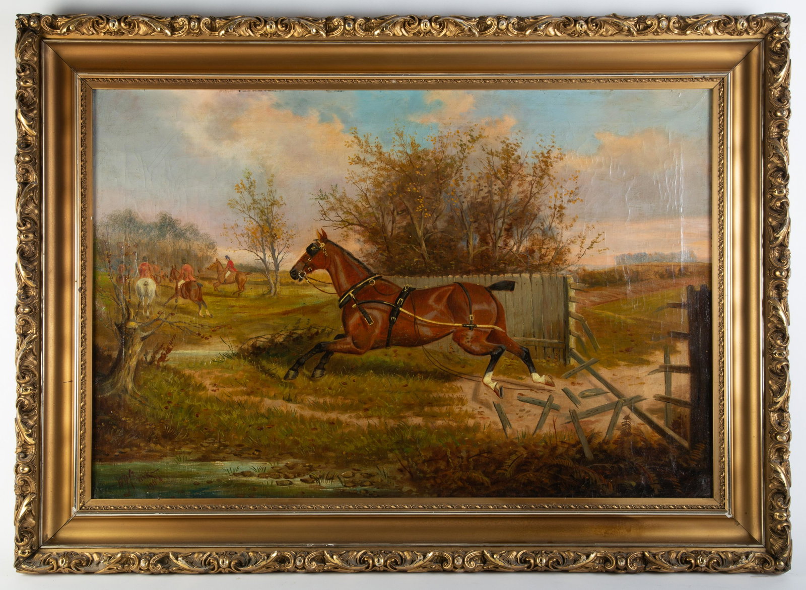 W (A)(H)(M) CLARK FOX HUNTING PAINTING: Oil on canvas-signed lower left. 1904. Carriage horse breaking through fence to join the hunt. Gilt frame. 20x30. (3) small patches on reverse. G-G+