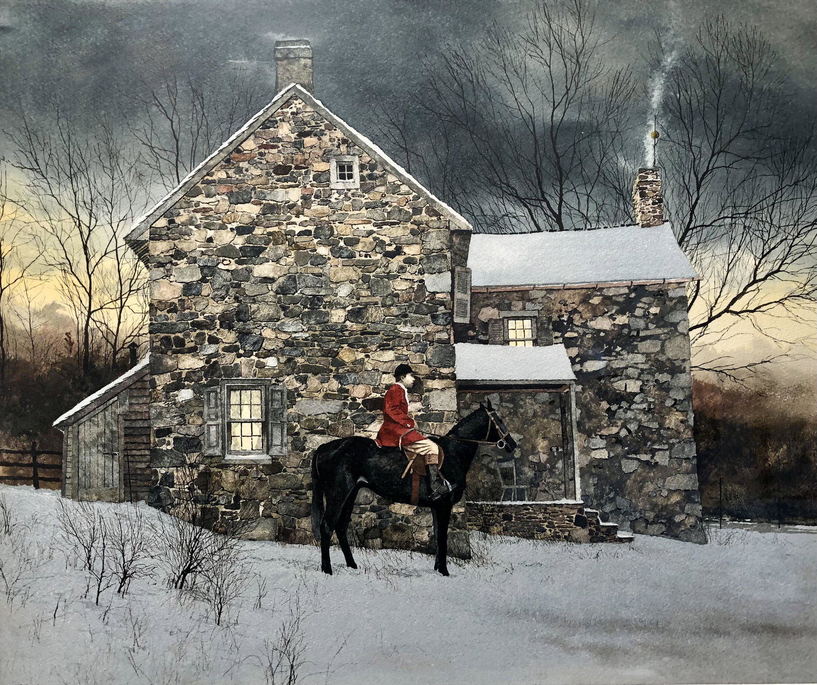 PETER SCULTHORPE EQUESTRIAN WATERCOLOR: "Winter Rider", signed lower left (partially obscured by matting); spotting on mat; matted and framed; 19" x 23", VG-EX